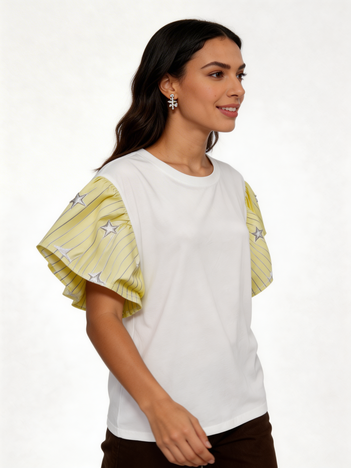 Star-Embellished Ruffle Flutter Sleeve Stripe Contrast T-Shirt - Lemon