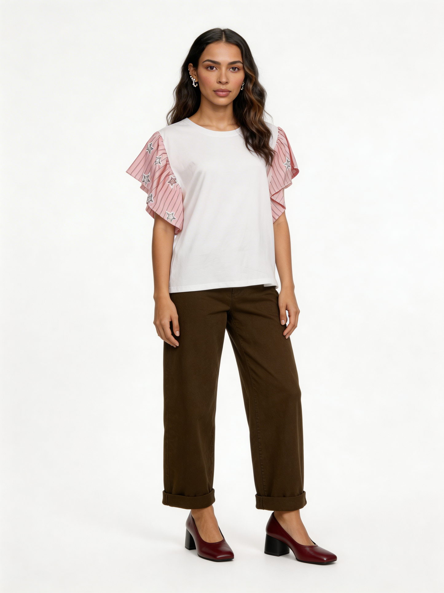 Star-Embellished Ruffle Flutter Sleeve Stripe Contrast T-Shirt - Pink