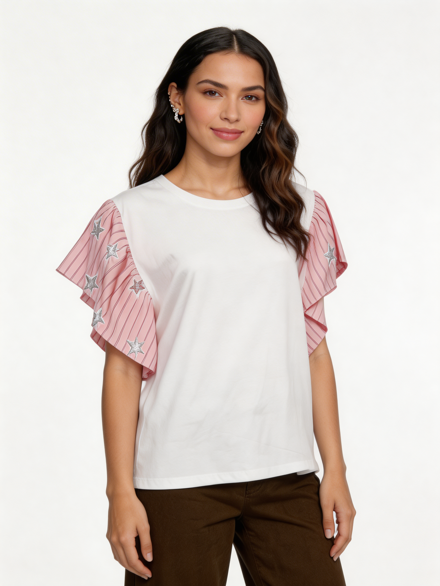 Star-Embellished Ruffle Flutter Sleeve Stripe Contrast T-Shirt - Pink