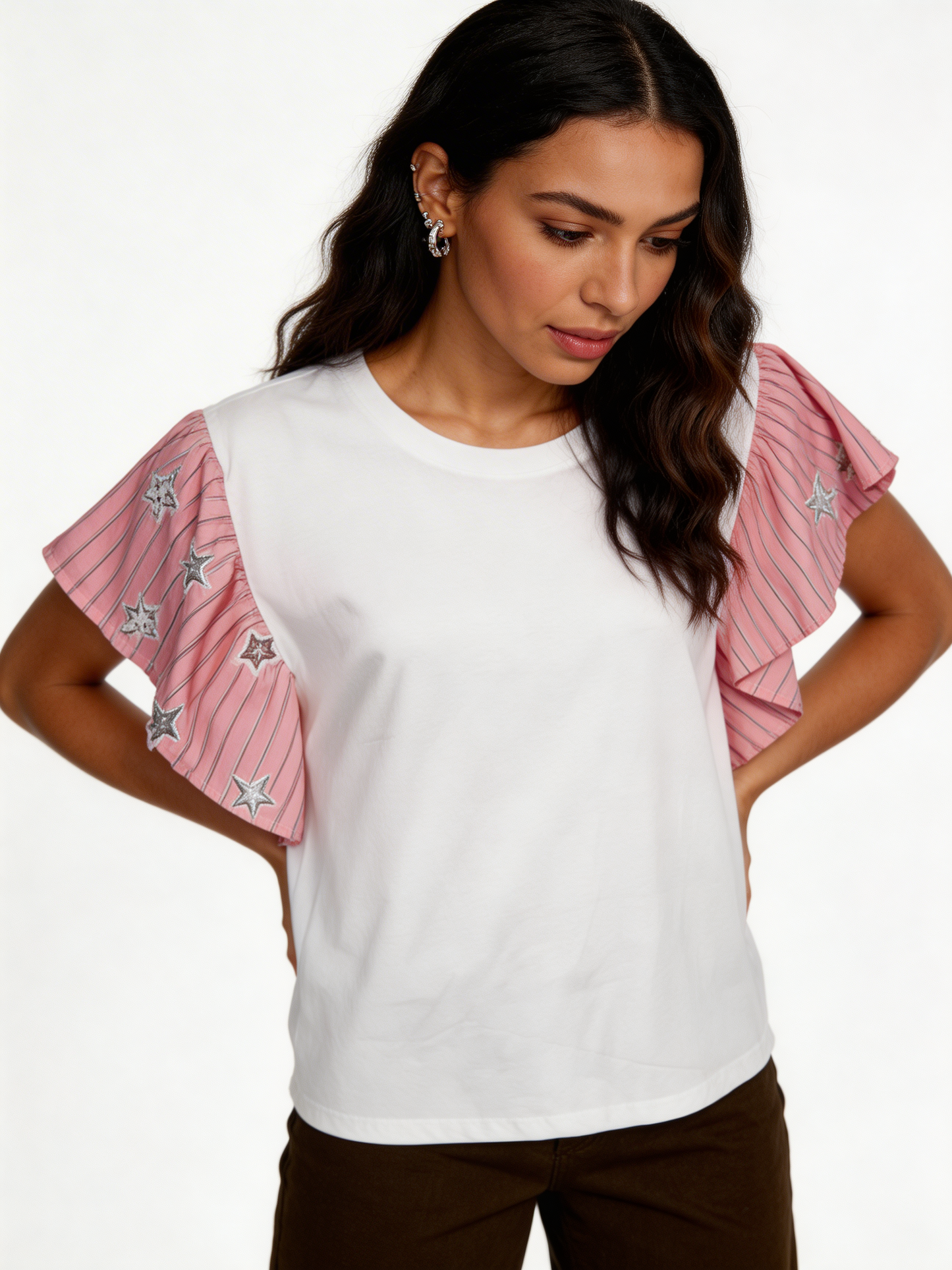 Star-Embellished Ruffle Flutter Sleeve Stripe Contrast T-Shirt - Pink
