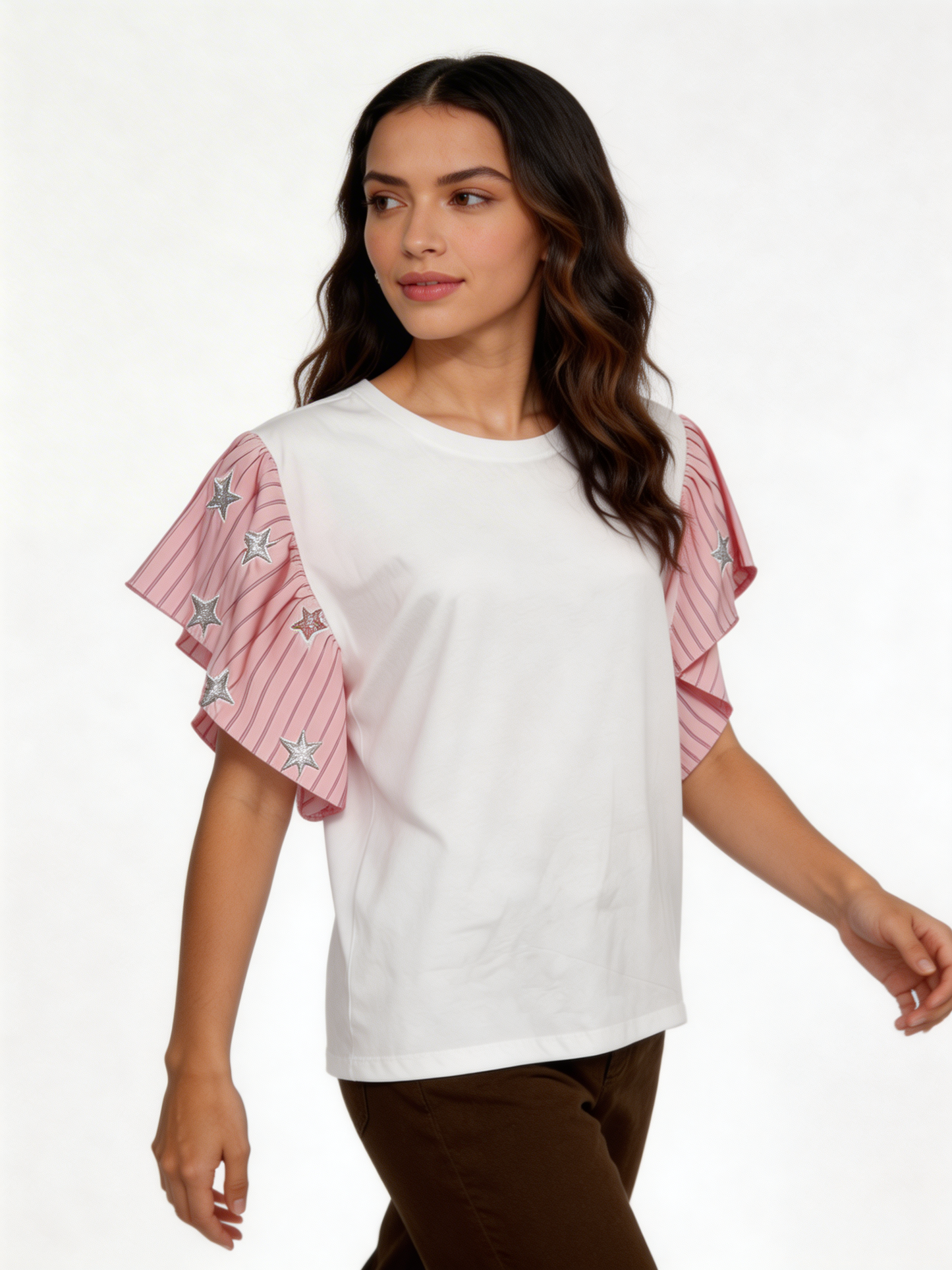 Star-Embellished Ruffle Flutter Sleeve Stripe Contrast T-Shirt - Pink