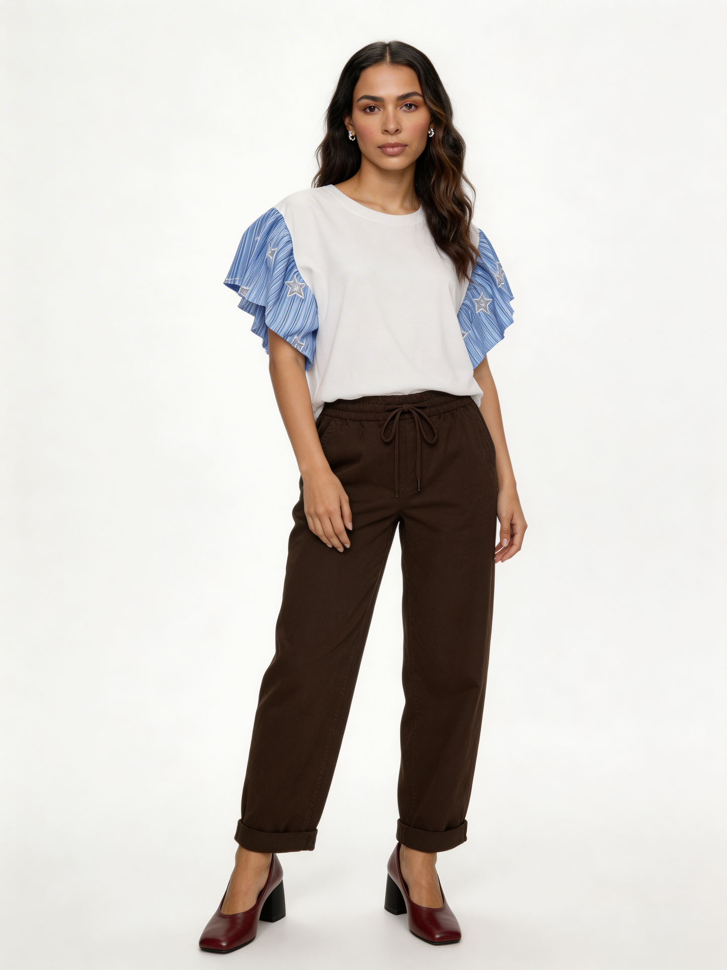 Star-Embellished Ruffle Flutter Sleeve Stripe Contrast T-Shirt - Blue