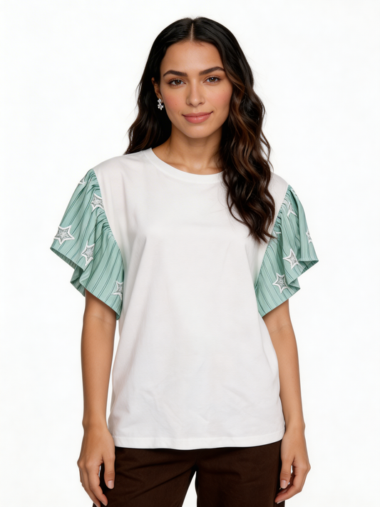 Star-Embellished Ruffle Flutter Sleeve Stripe Contrast T-Shirt - Mint
