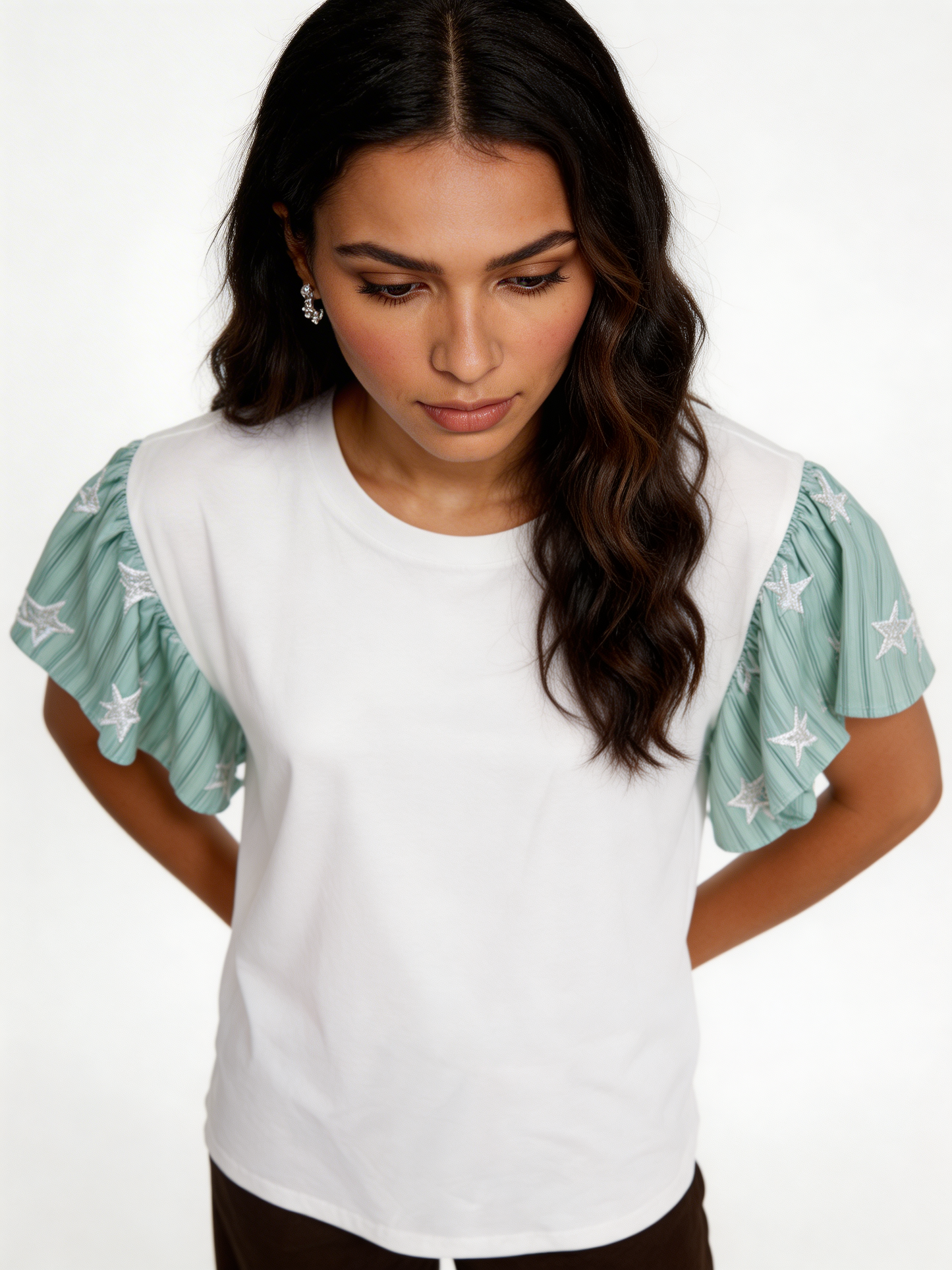Star-Embellished Ruffle Flutter Sleeve Stripe Contrast T-Shirt - Mint