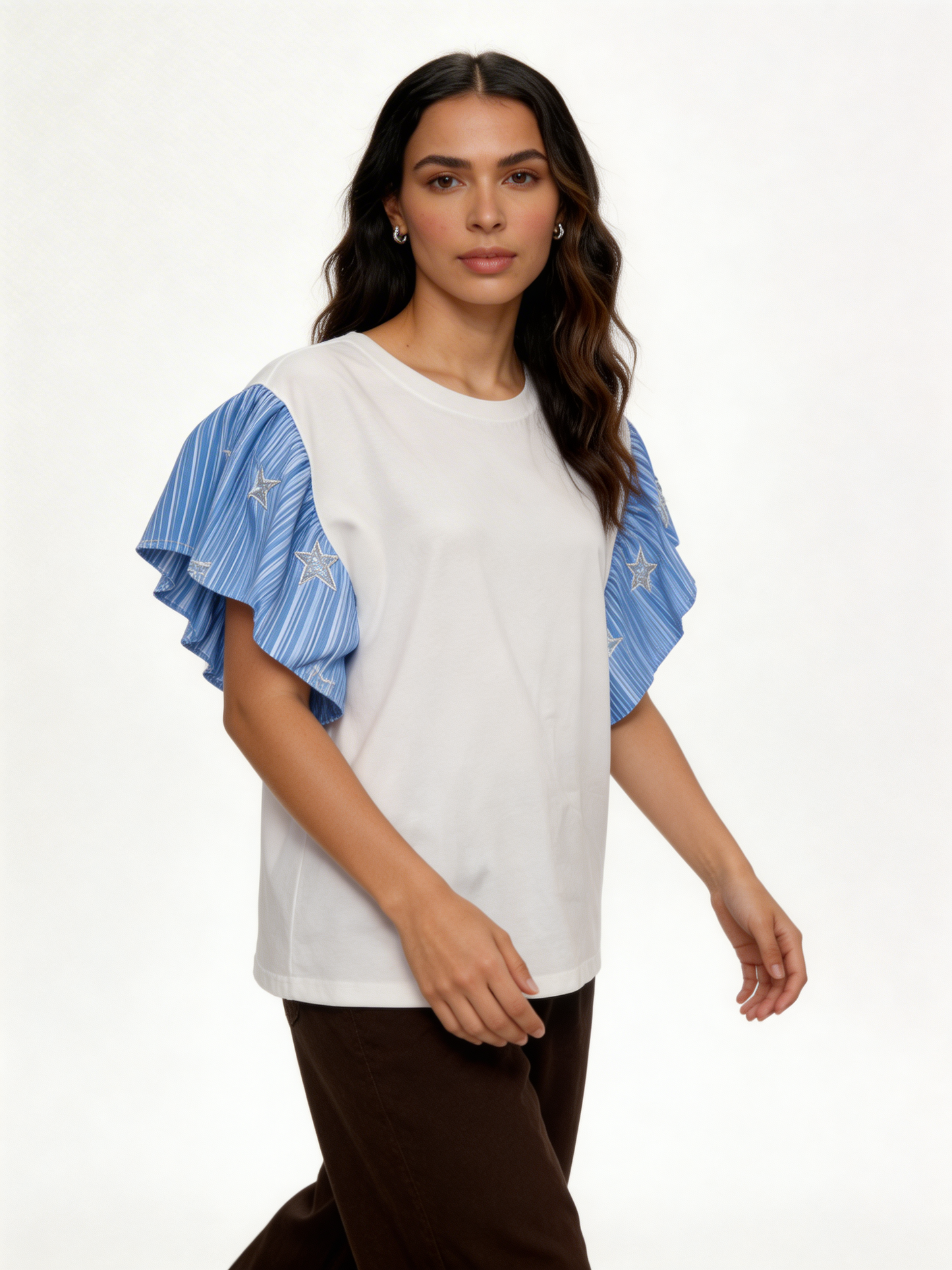 Star-Embellished Ruffle Flutter Sleeve Stripe Contrast T-Shirt - Blue