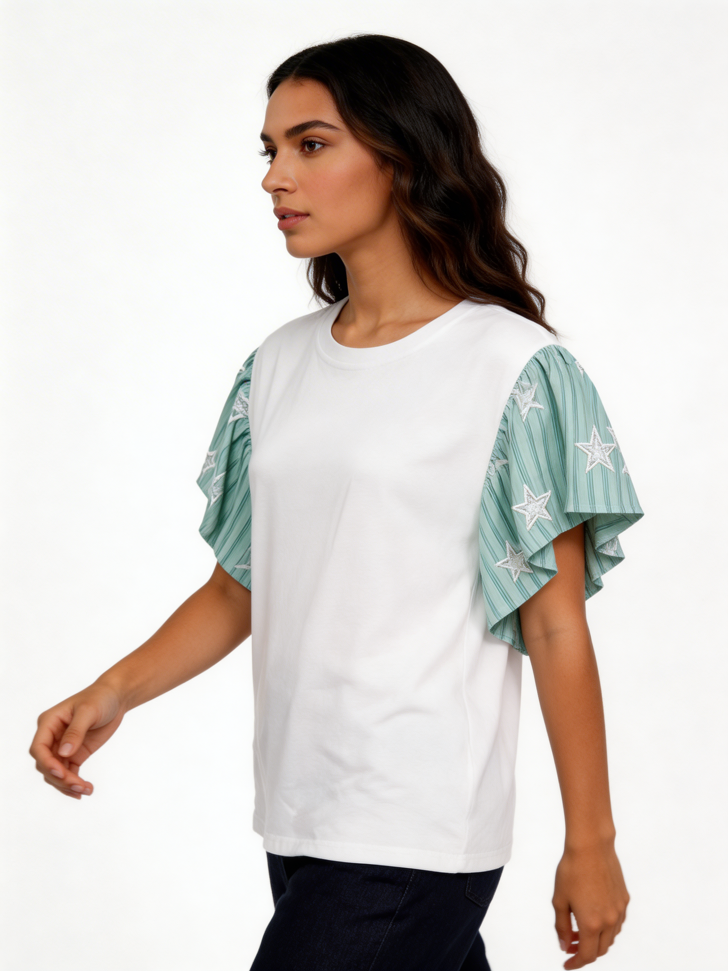 Star-Embellished Ruffle Flutter Sleeve Stripe Contrast T-Shirt - Mint