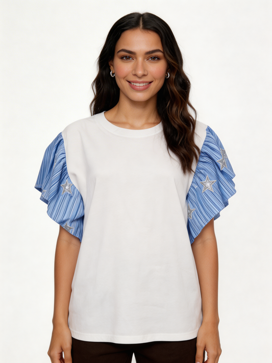 Star-Embellished Ruffle Flutter Sleeve Stripe Contrast T-Shirt - Blue