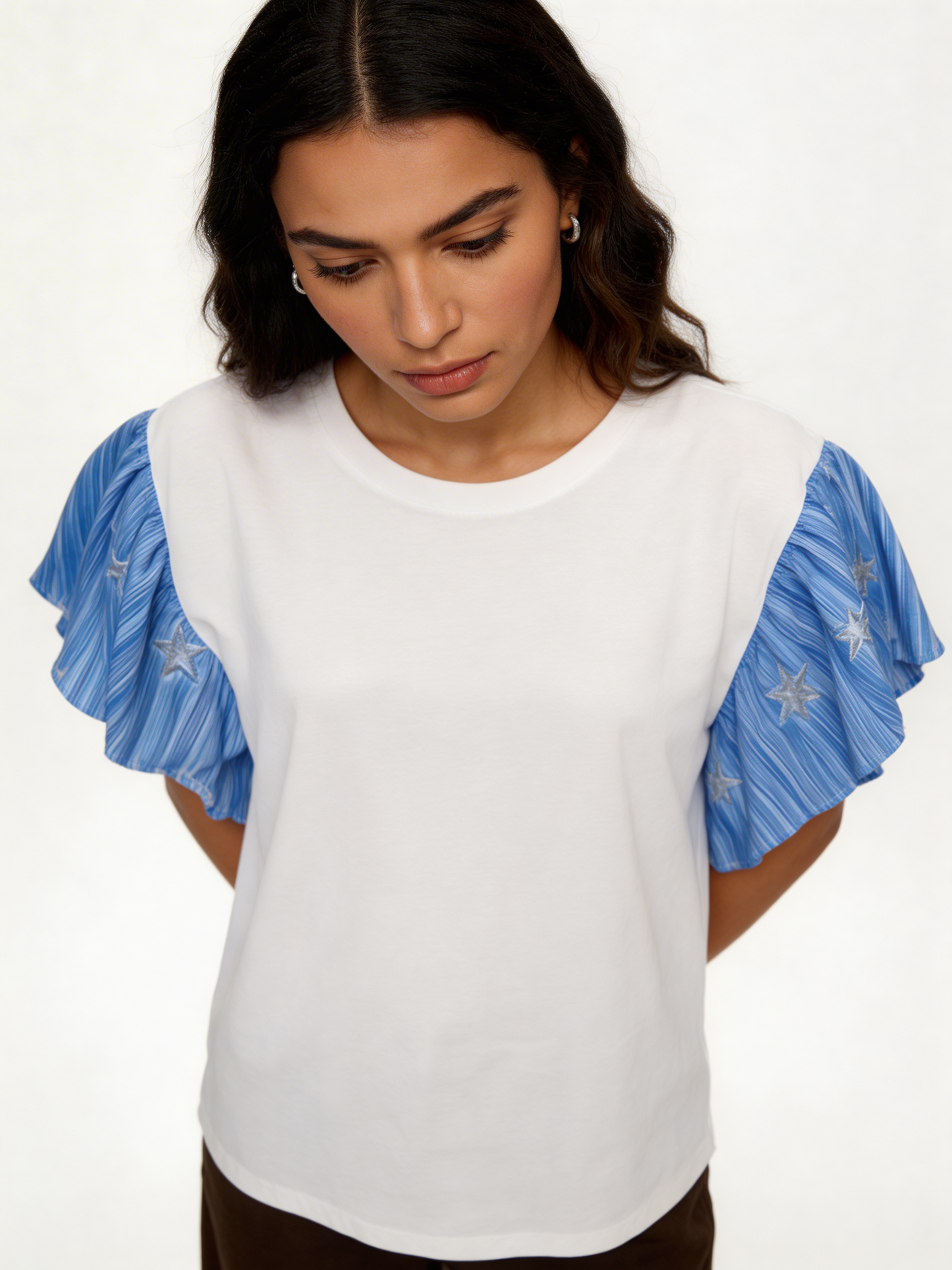 Star-Embellished Ruffle Flutter Sleeve Stripe Contrast T-Shirt - Blue