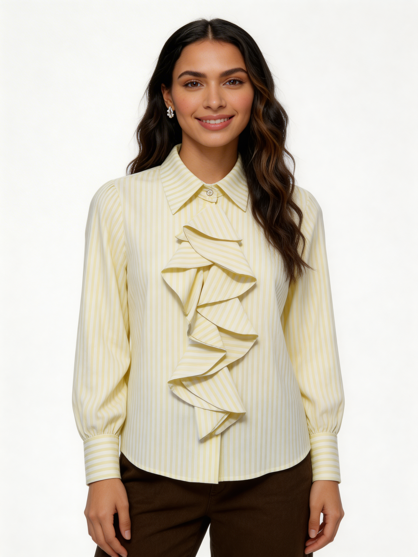 Cascading Ruffle Front Pinstripe Blouse Long Sleeve Shirt - Lemon