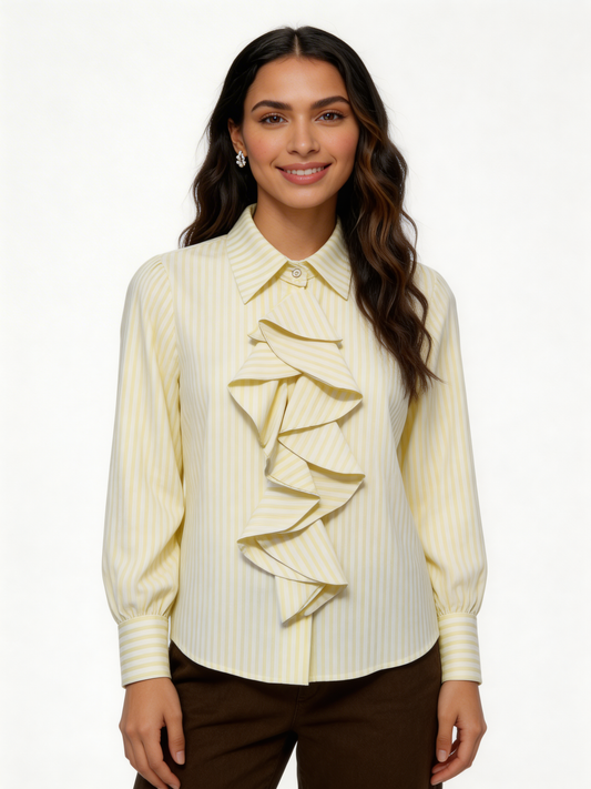 Getrapte Ruches aan de Voorkant Pinstripe Blouse Lange Mouw Shirt - Citroengeel