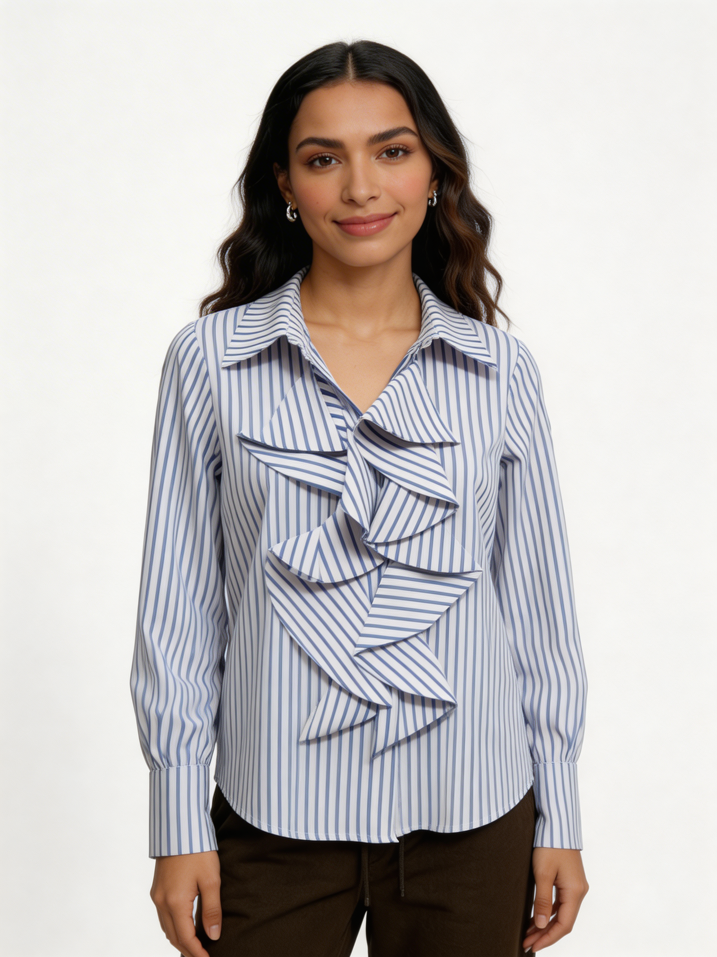 Cascading Ruffle Front Pinstripe Blouse Long Sleeve Shirt - Navy