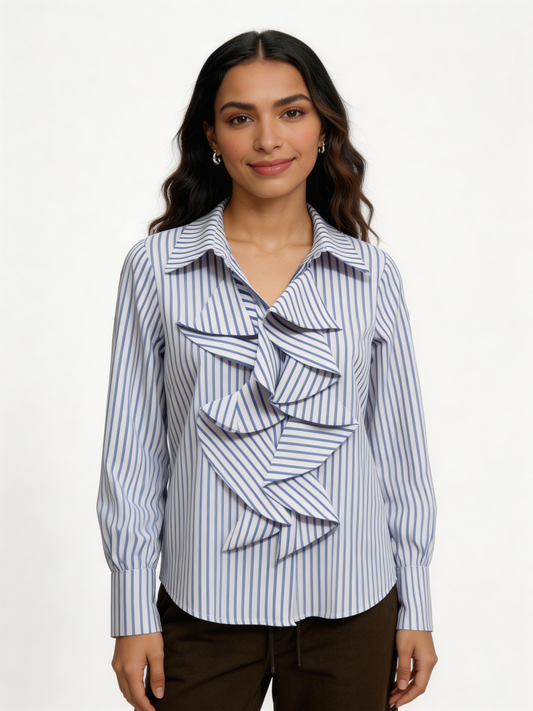 Gestreept blouseshirt met lange mouwen, ruches aan de voorkant en waterval-effect - Marineblauw