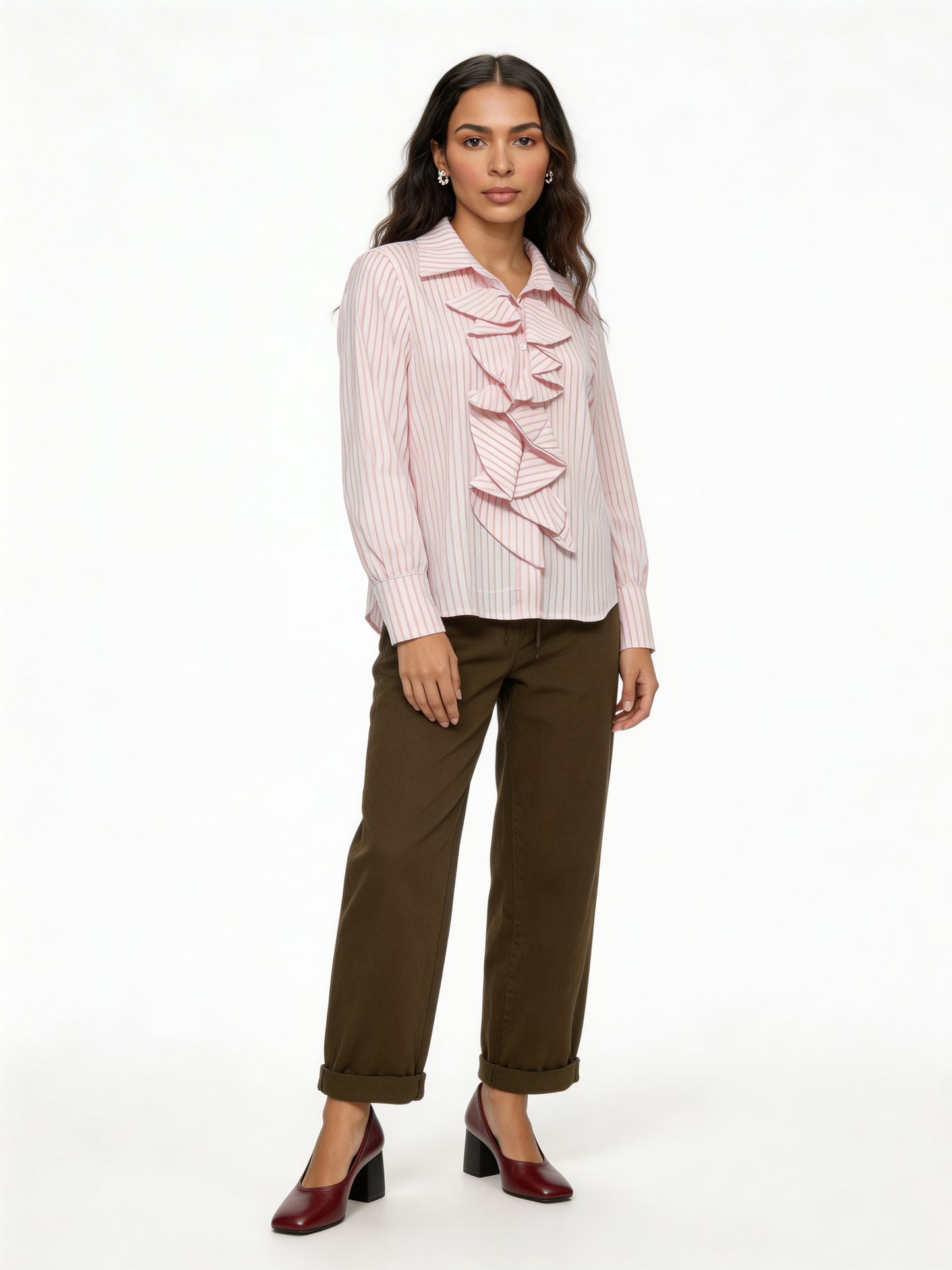 Cascading Ruffle Front Pinstripe Blouse Long Sleeve Shirt - Pink