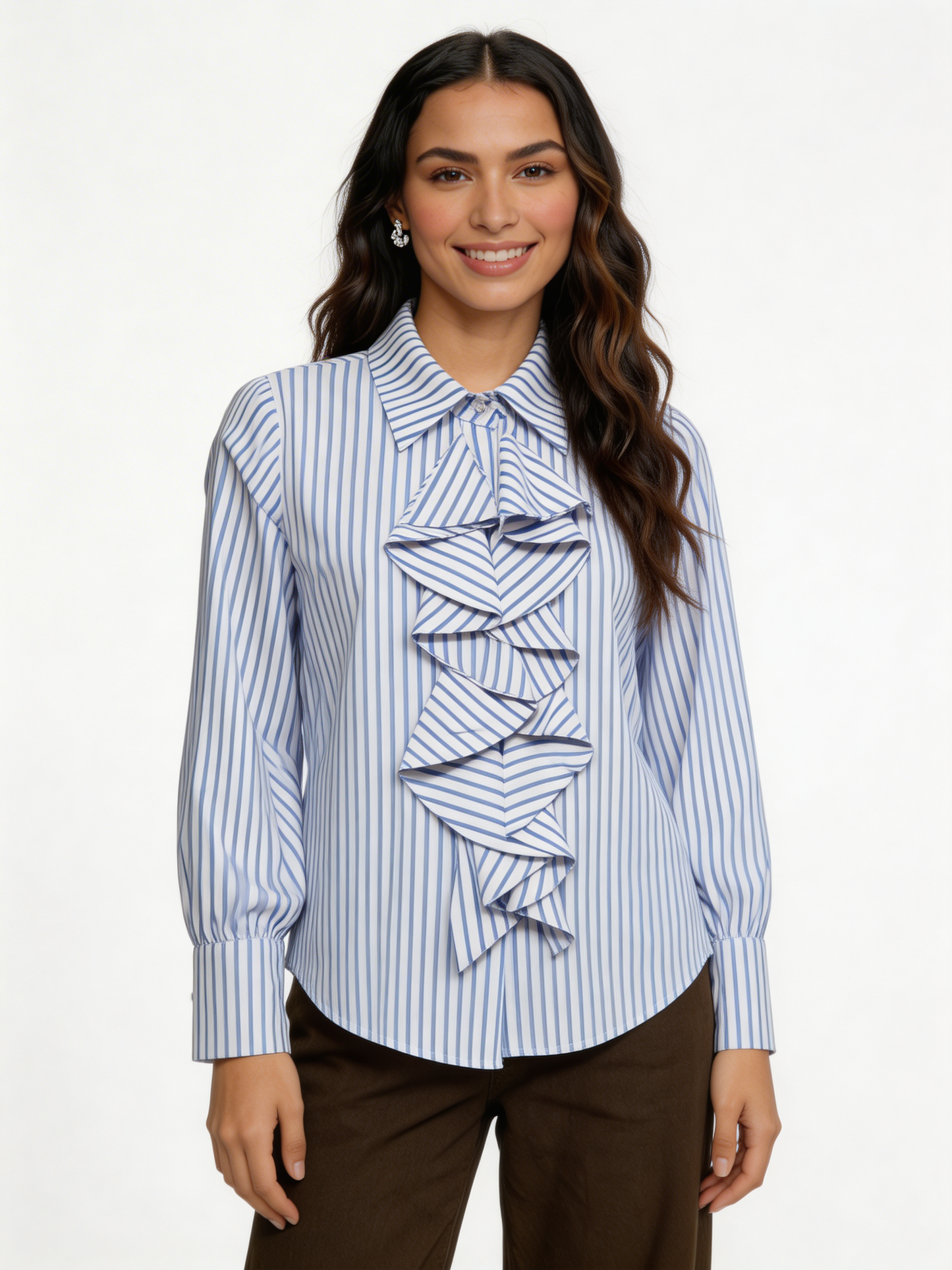 Cascading Ruffle Front Pinstripe Blouse Long Sleeve Shirt - Blue