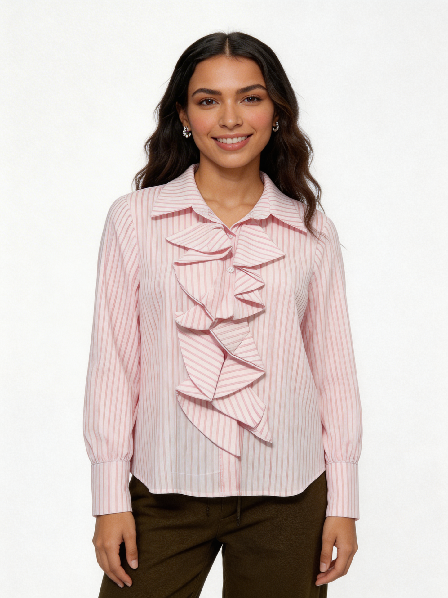 Cascading Ruffle Front Pinstripe Blouse Long Sleeve Shirt - Pink