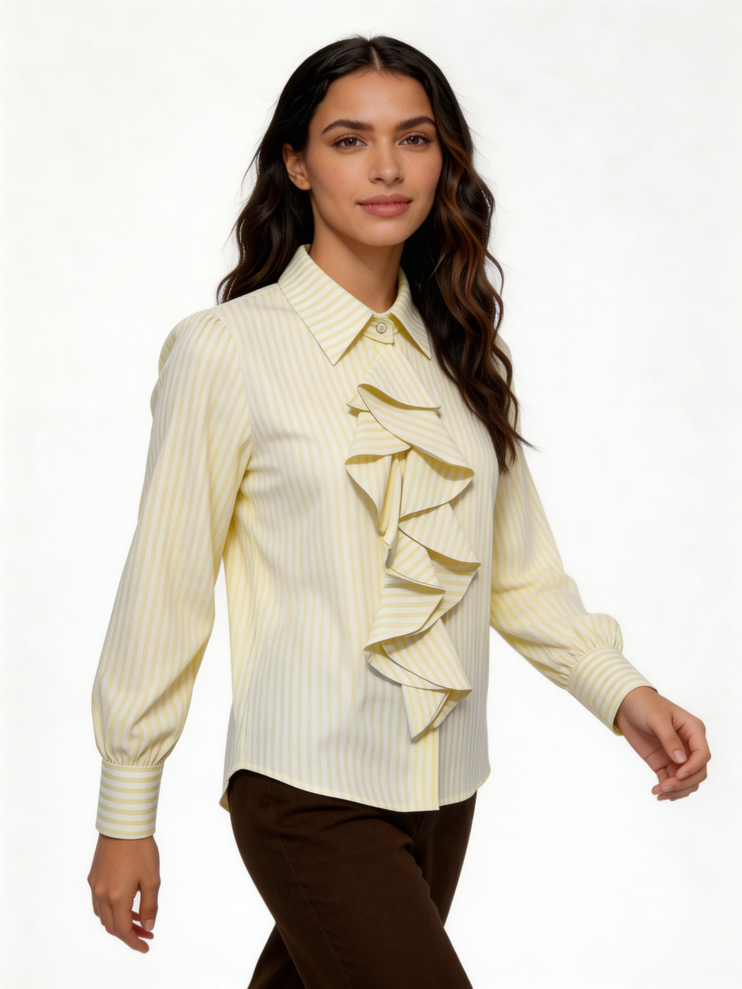 Cascading Ruffle Front Pinstripe Blouse Long Sleeve Shirt - Lemon