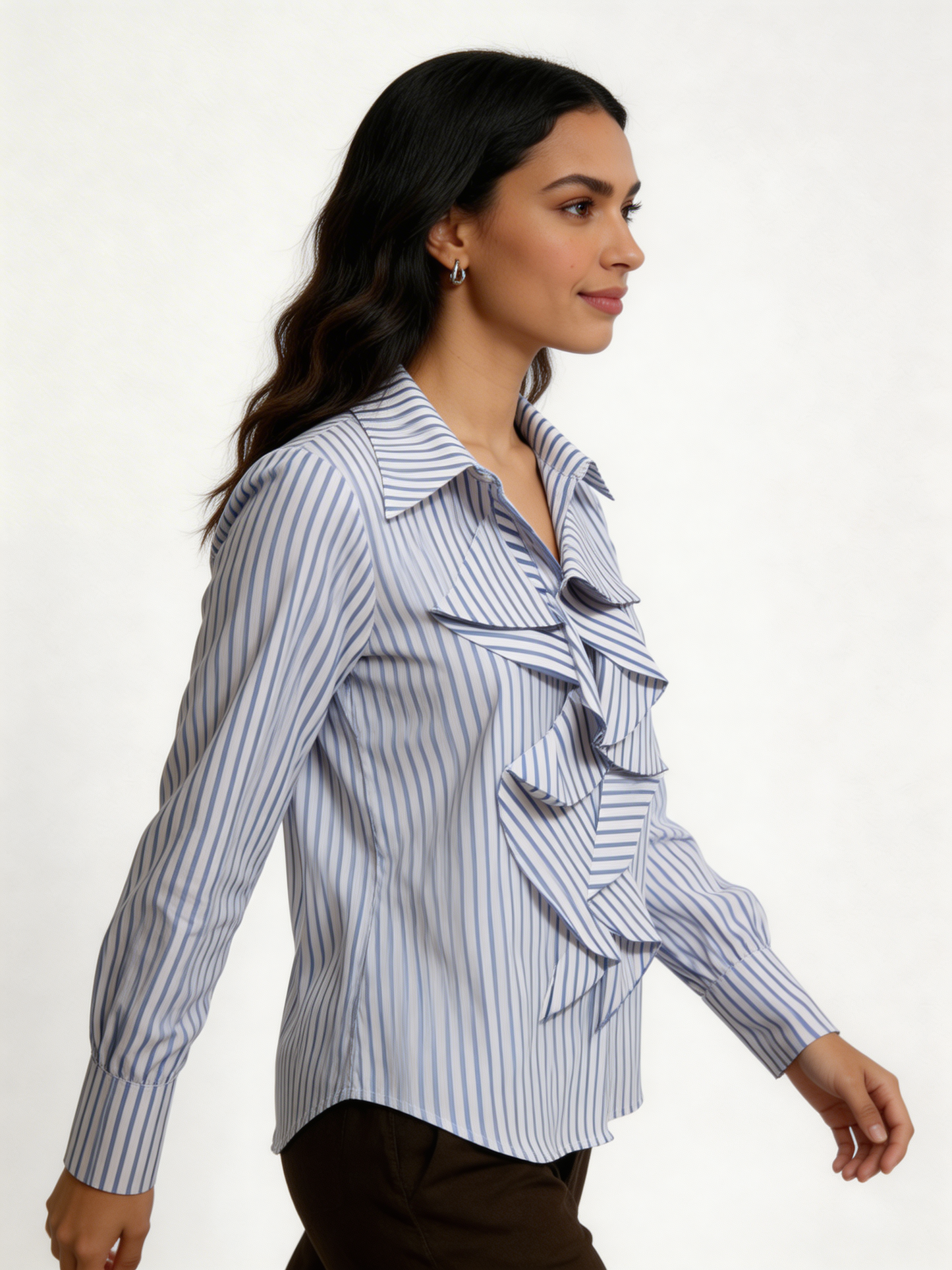 Cascading Ruffle Front Pinstripe Blouse Long Sleeve Shirt - Navy