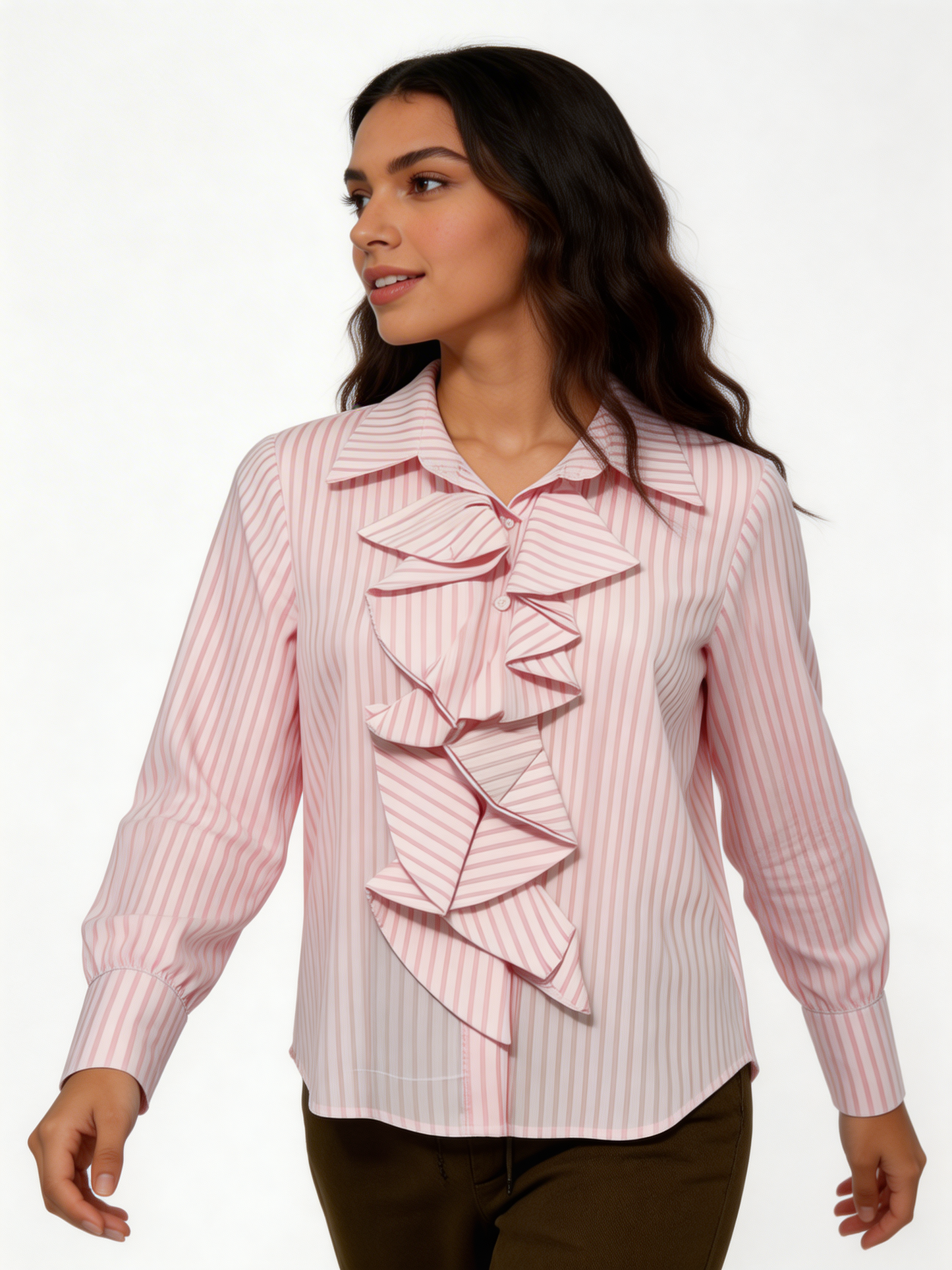 Cascading Ruffle Front Pinstripe Blouse Long Sleeve Shirt - Pink