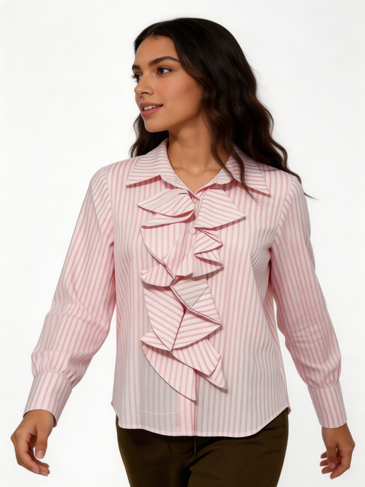 Gestreept Blouse met Cascaderende Ruches en Lange Mouwen - Roze