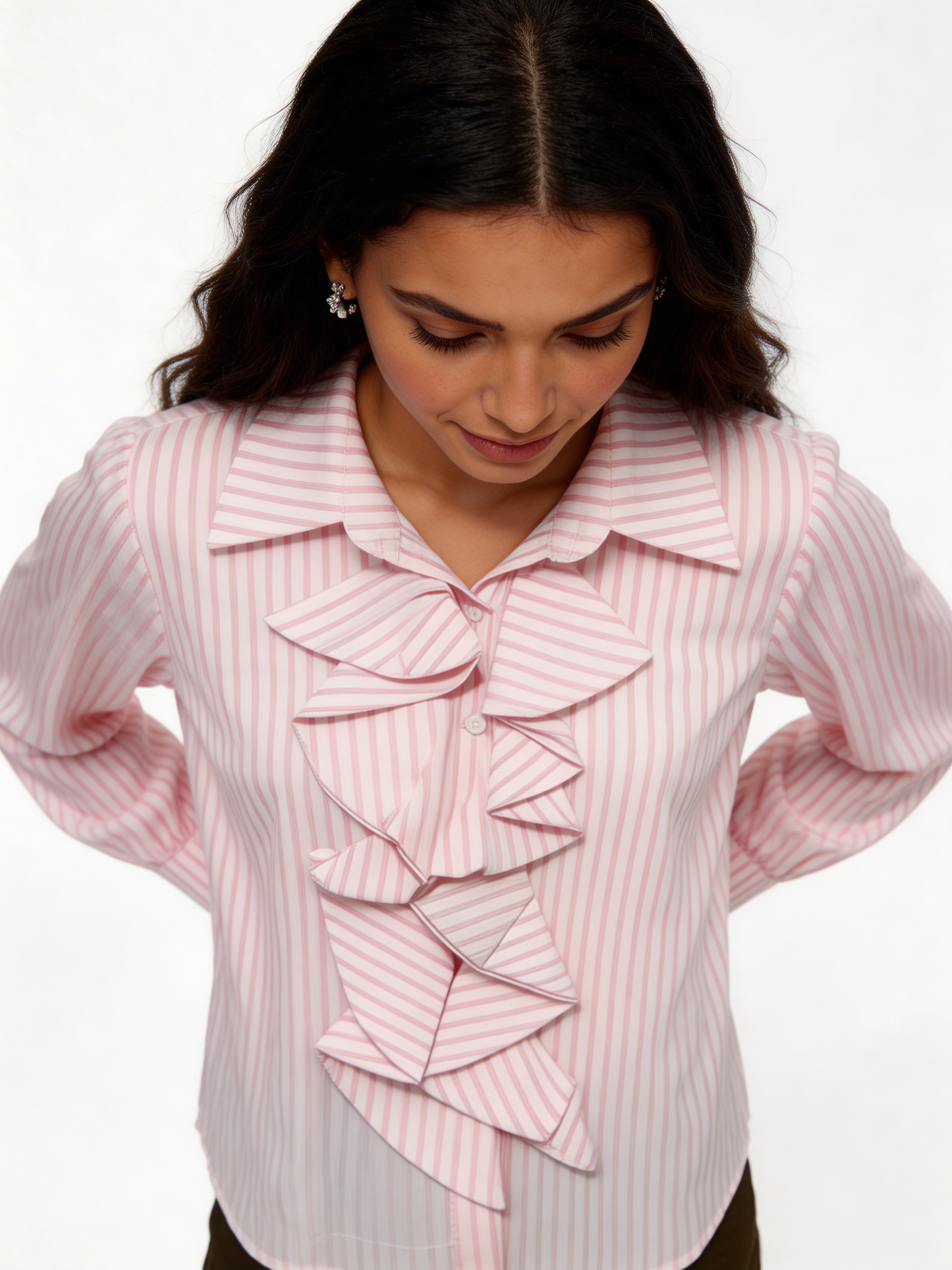 Cascading Ruffle Front Pinstripe Blouse Long Sleeve Shirt - Pink
