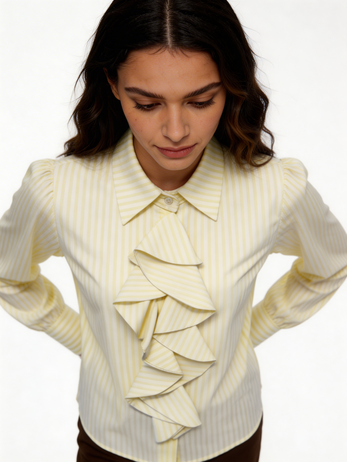 Cascading Ruffle Front Pinstripe Blouse Long Sleeve Shirt - Lemon