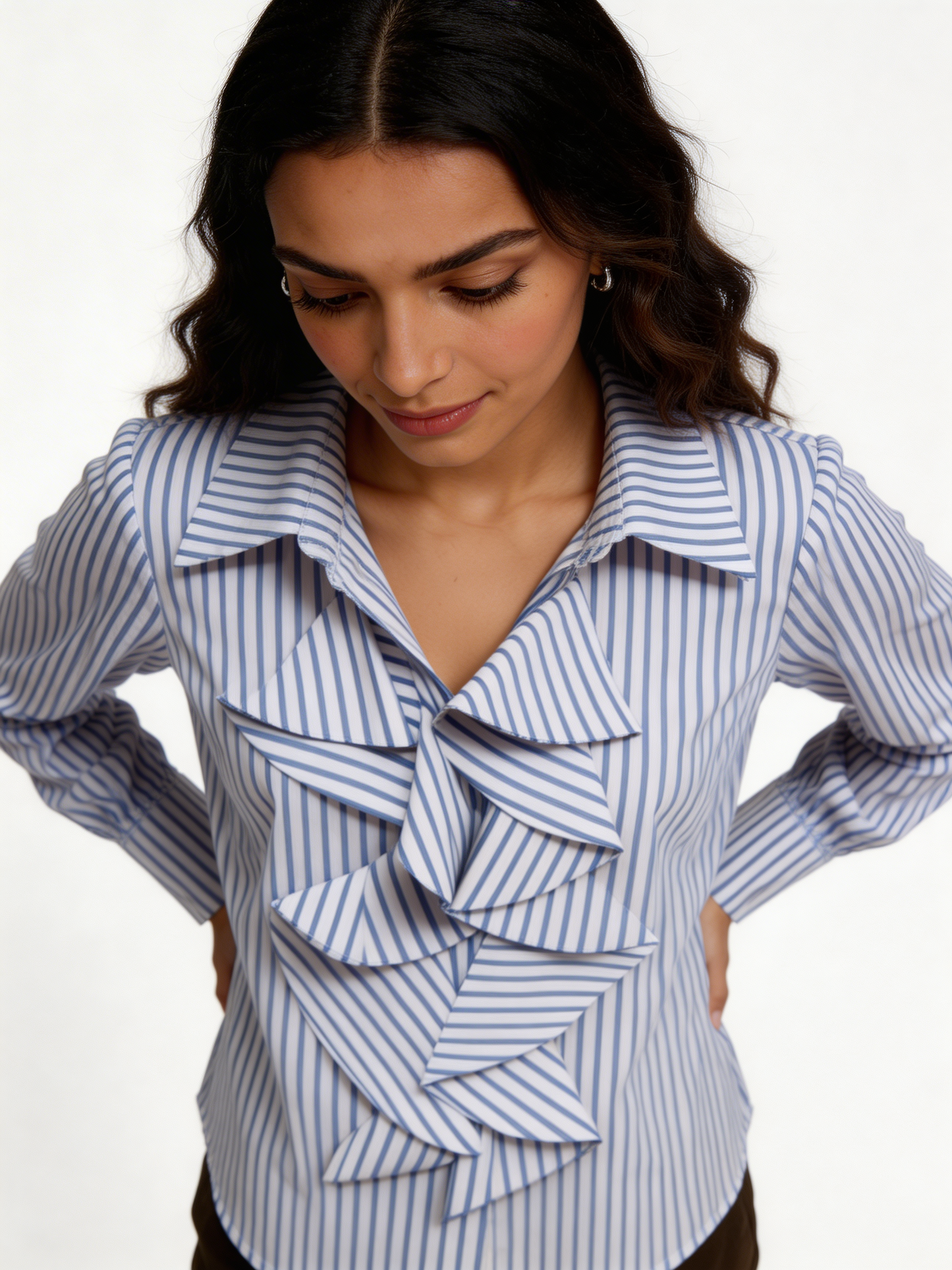Cascading Ruffle Front Pinstripe Blouse Long Sleeve Shirt - Navy