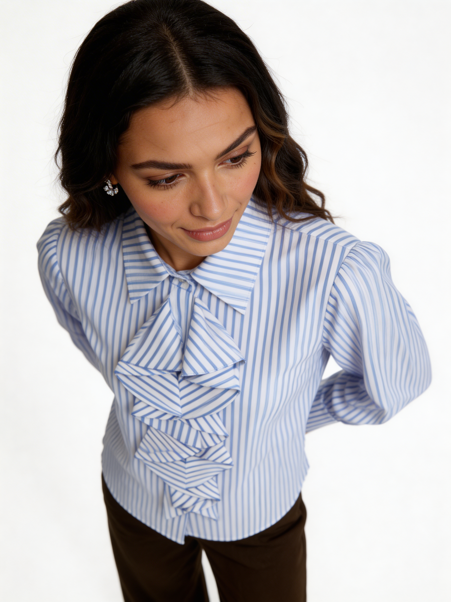Cascading Ruffle Front Pinstripe Blouse Long Sleeve Shirt - Blue