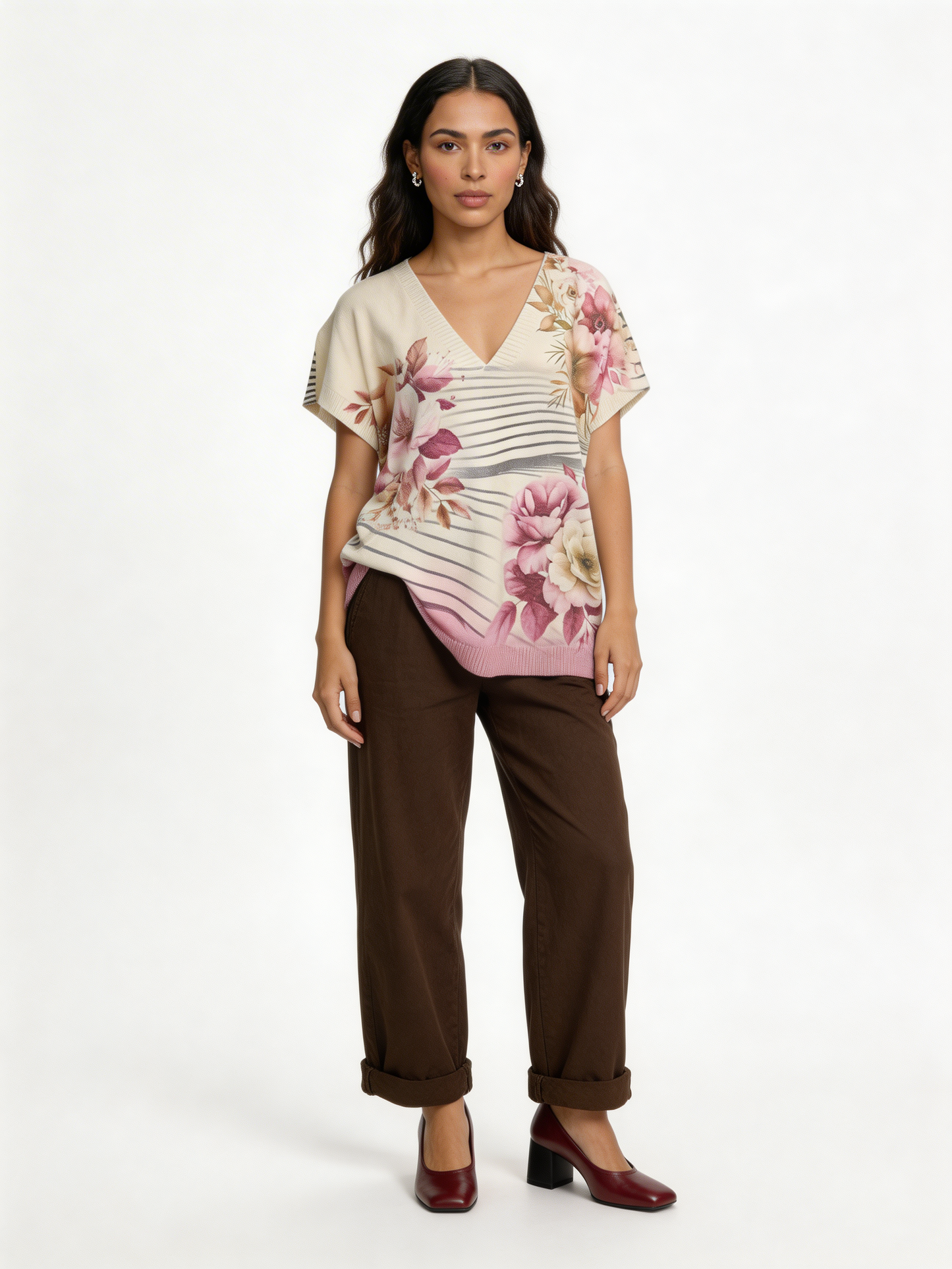 Floral Stripe Print Oversized Tank Top | Botanical V-Neck Batwing Jumper - Fuchsia