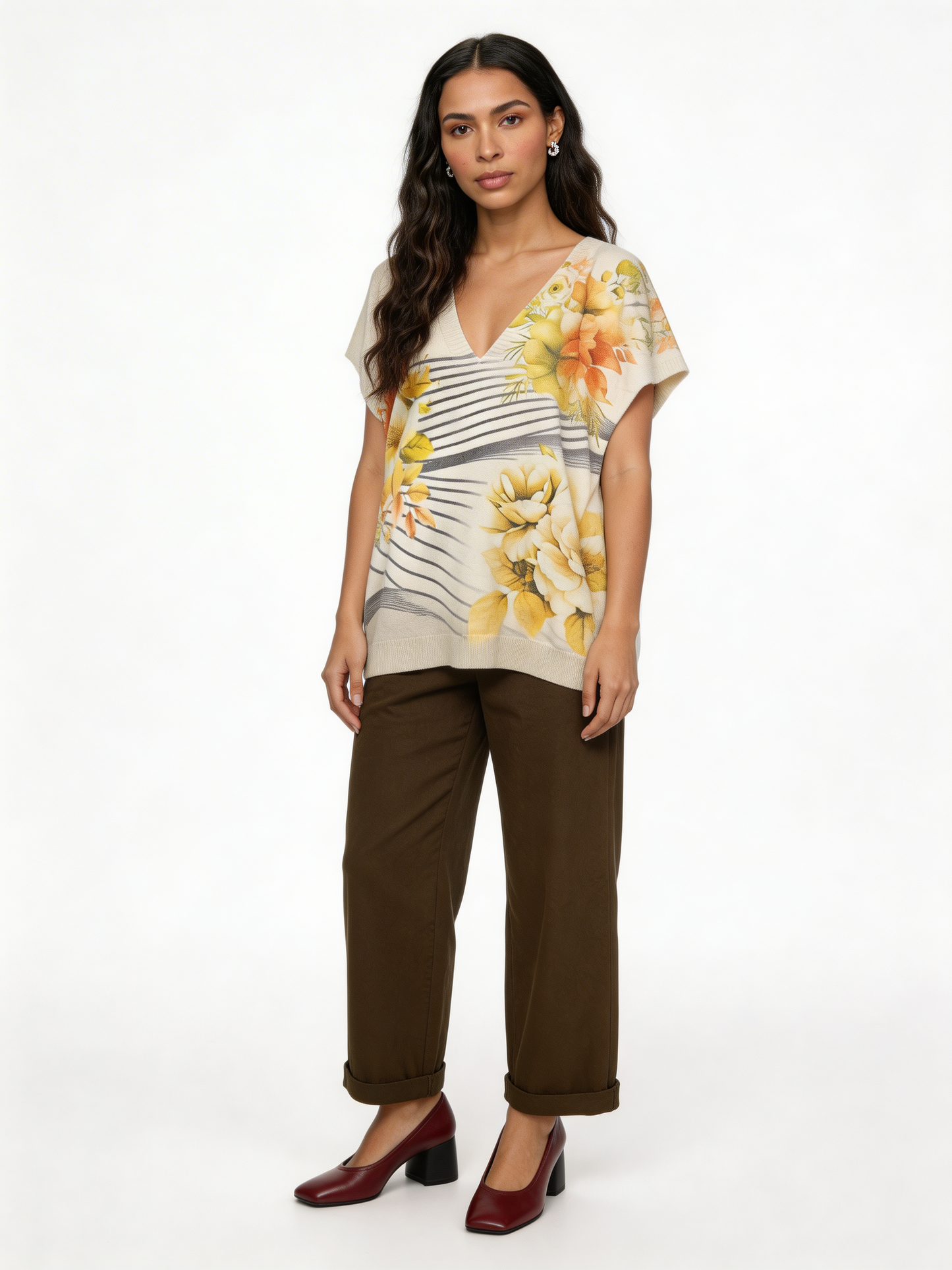 Floral Stripe Print Oversized Tank Top | Botanical V-Neck Batwing Jumper - Yellow