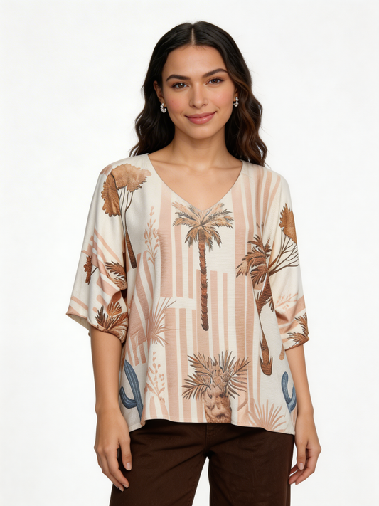 Tropical Desert Print Oversized Knitted Top | Boho Palm & Cactus V-Neck  - Dusty Pink