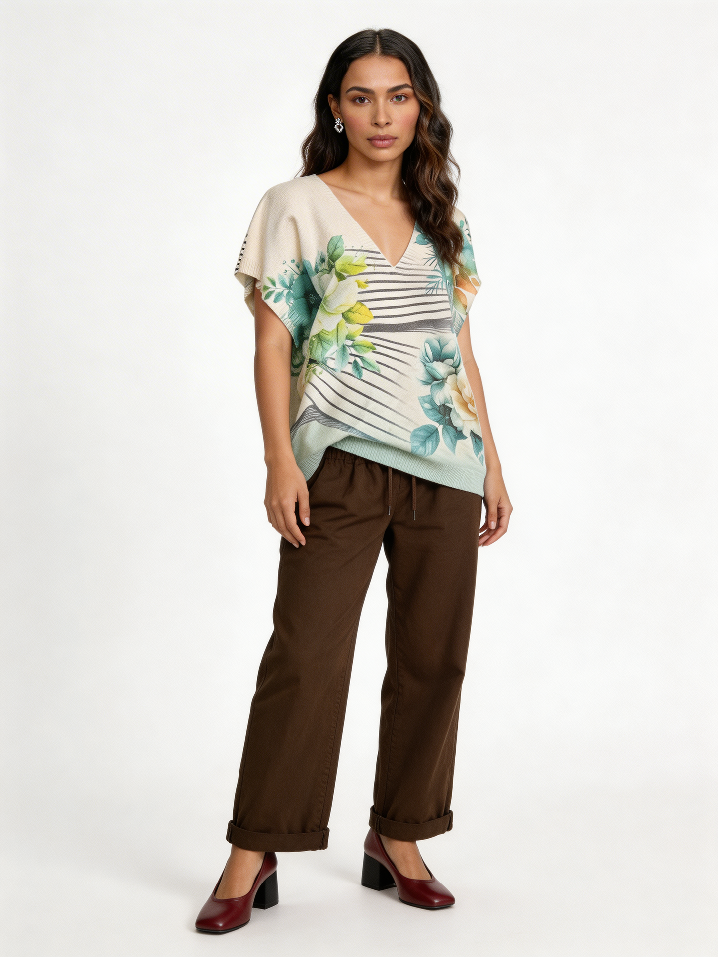 Floral Stripe Print Oversized Tank Top | Botanical V-Neck Batwing Jumper - Mint