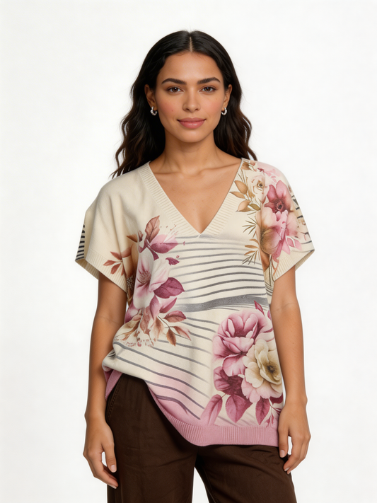 Tanktop met oversized pasvorm en bloemenstreep | Botanische vleermuismouwen trui met V-hals - Fuchsia