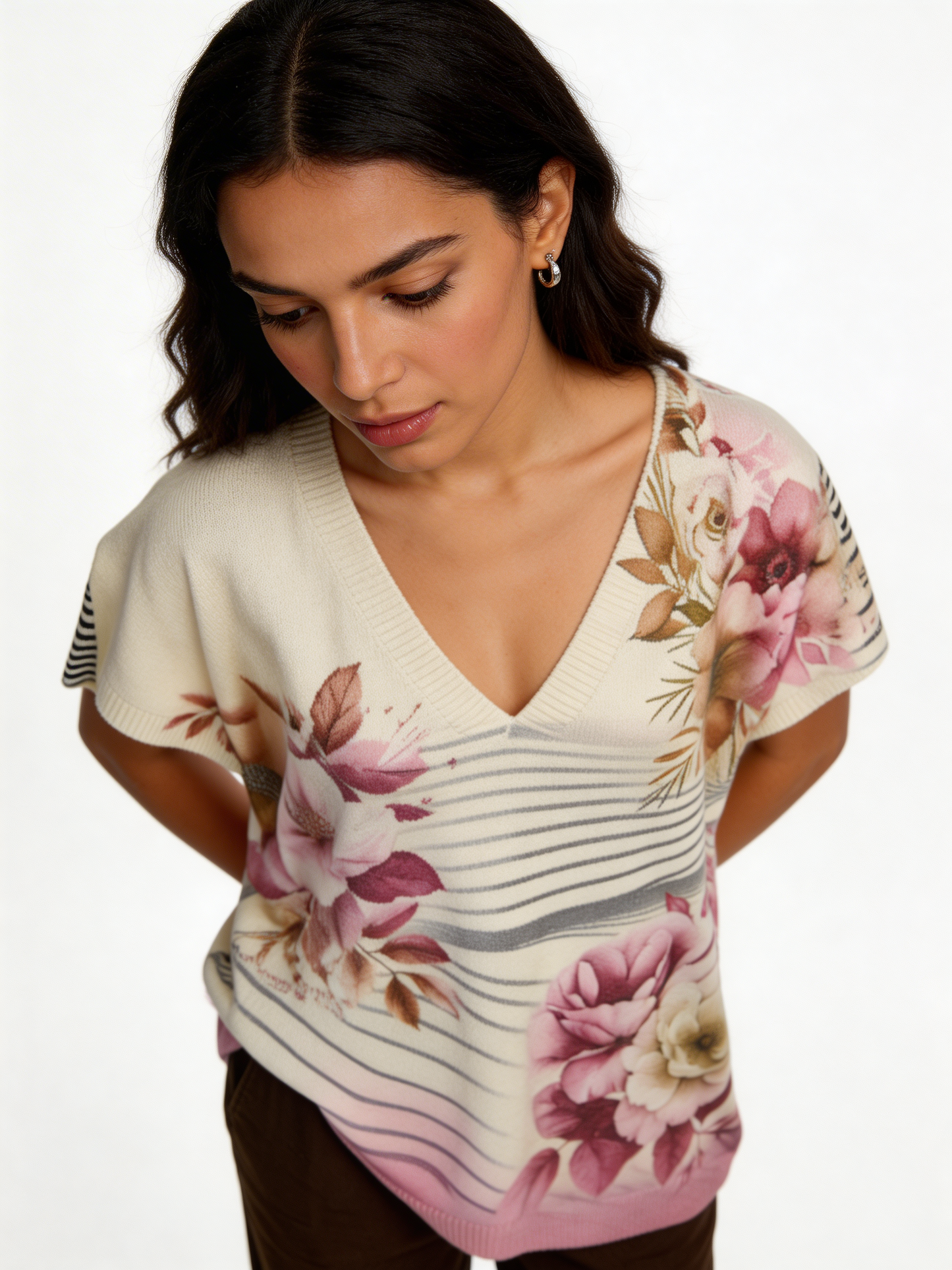 Floral Stripe Print Oversized Tank Top | Botanical V-Neck Batwing Jumper - Fuchsia