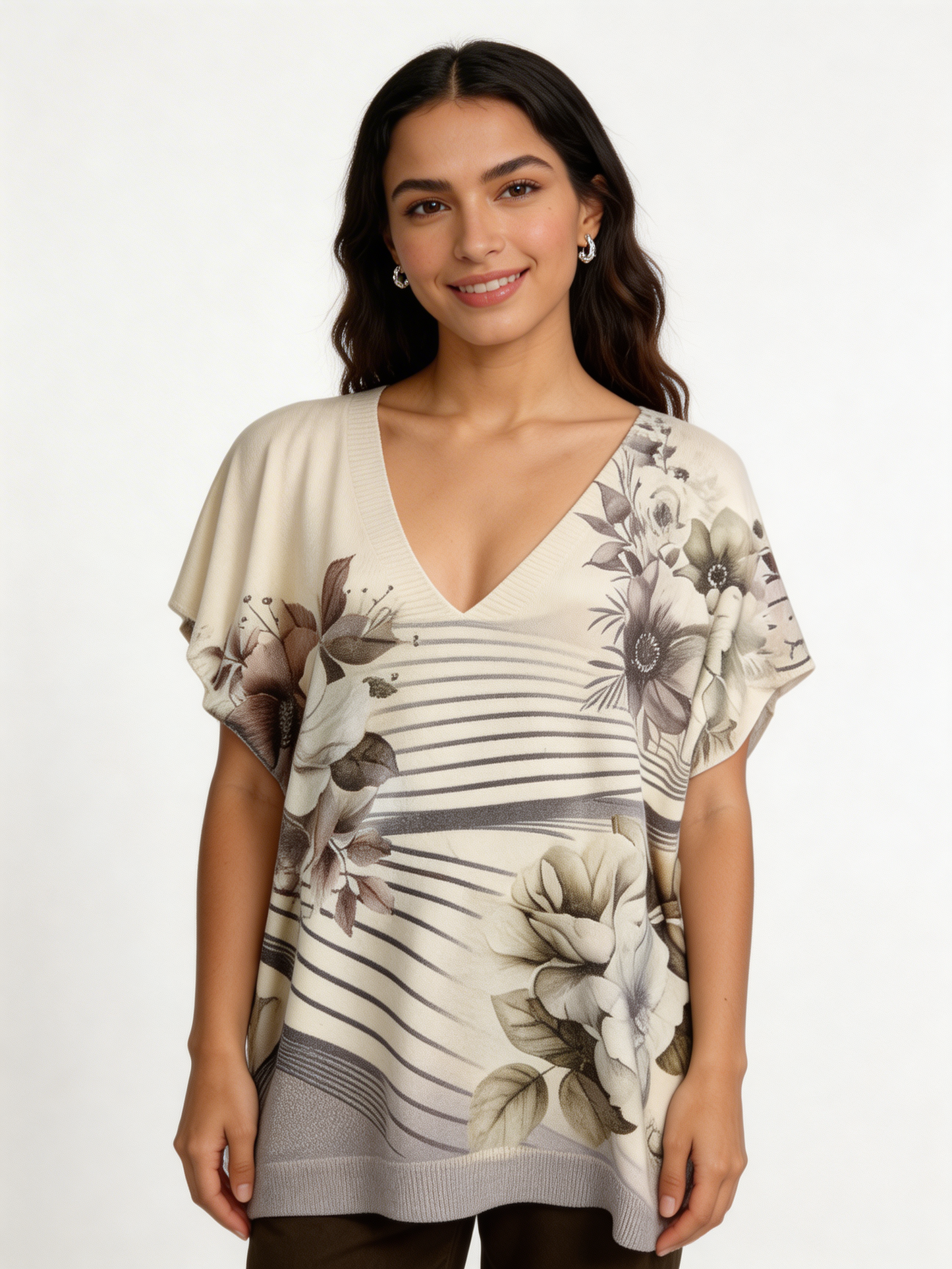 Floral Stripe Print Oversized Tank Top | Botanical V-Neck Batwing Jumper - Grey
