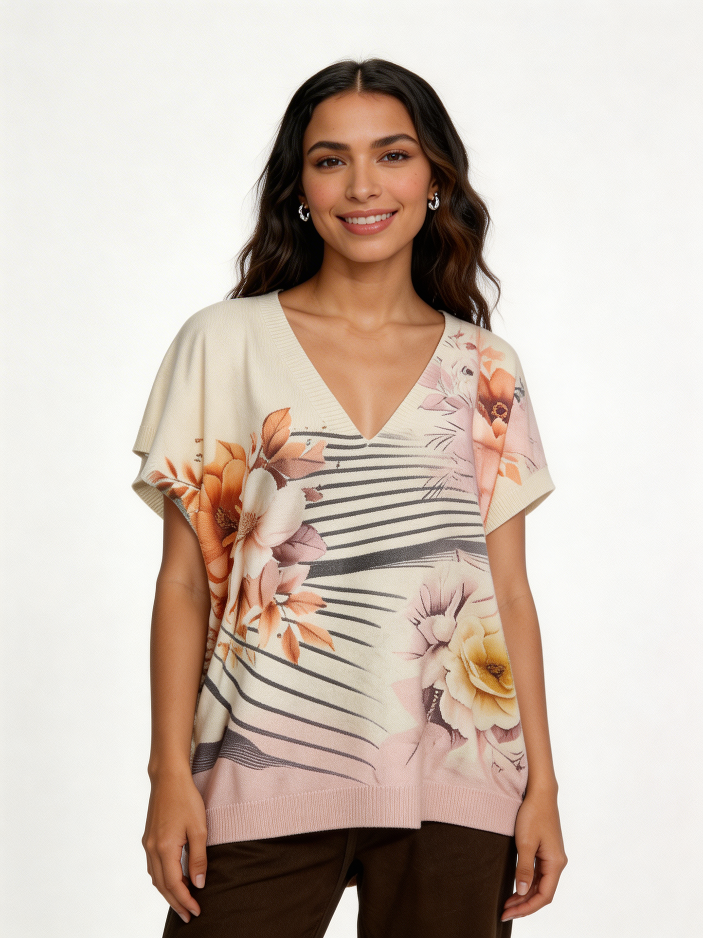 Floral Stripe Print Oversized Tank Top | Botanical V-Neck Batwing Jumper - Soft Pink