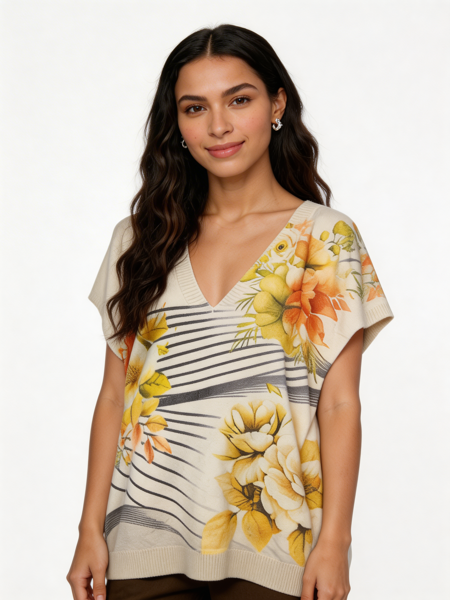 Floral Stripe Print Oversized Tank Top | Botanical V-Neck Batwing Jumper - Yellow