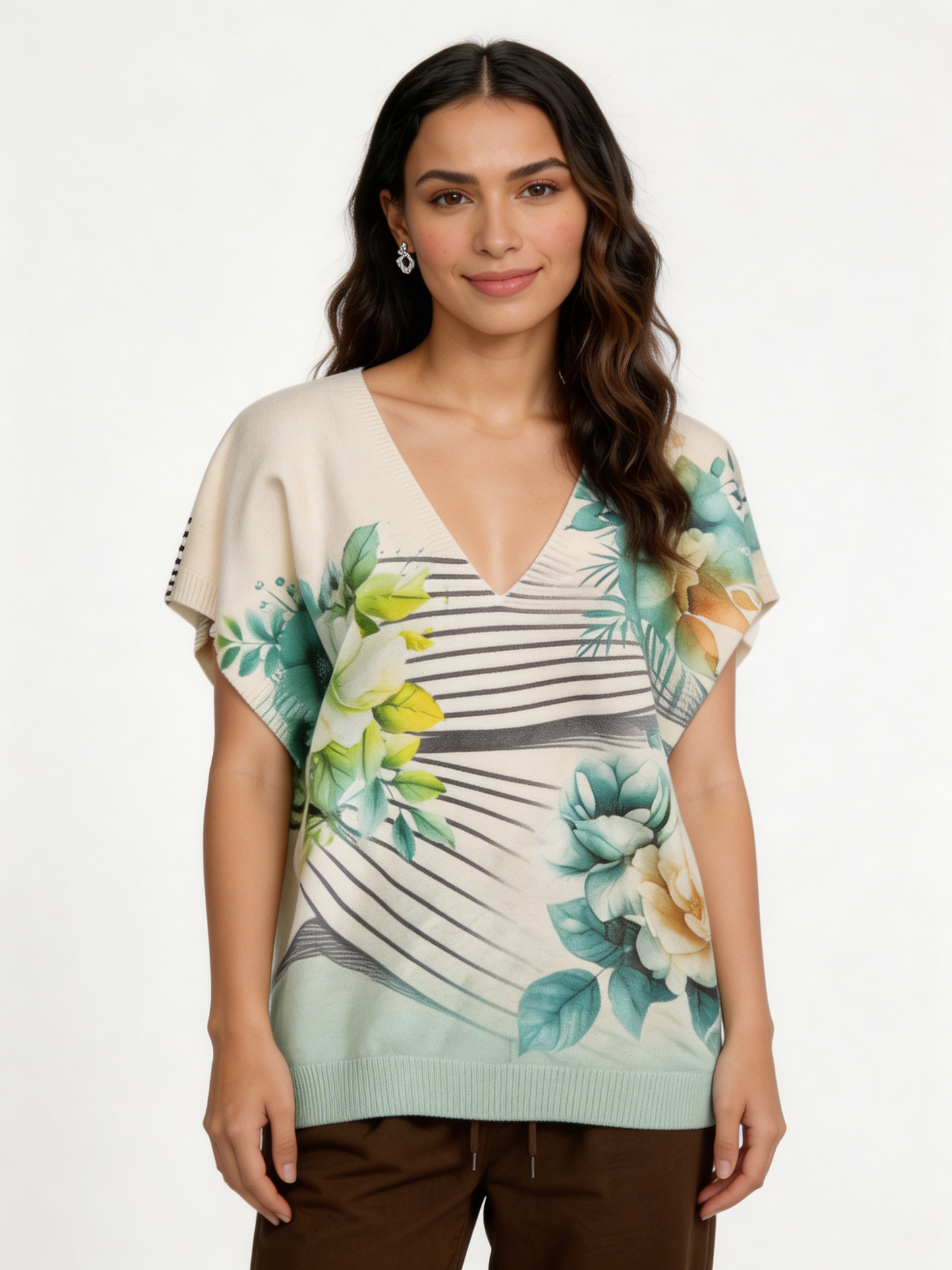 Floral Stripe Print Oversized Tank Top | Botanical V-Neck Batwing Jumper - Mint