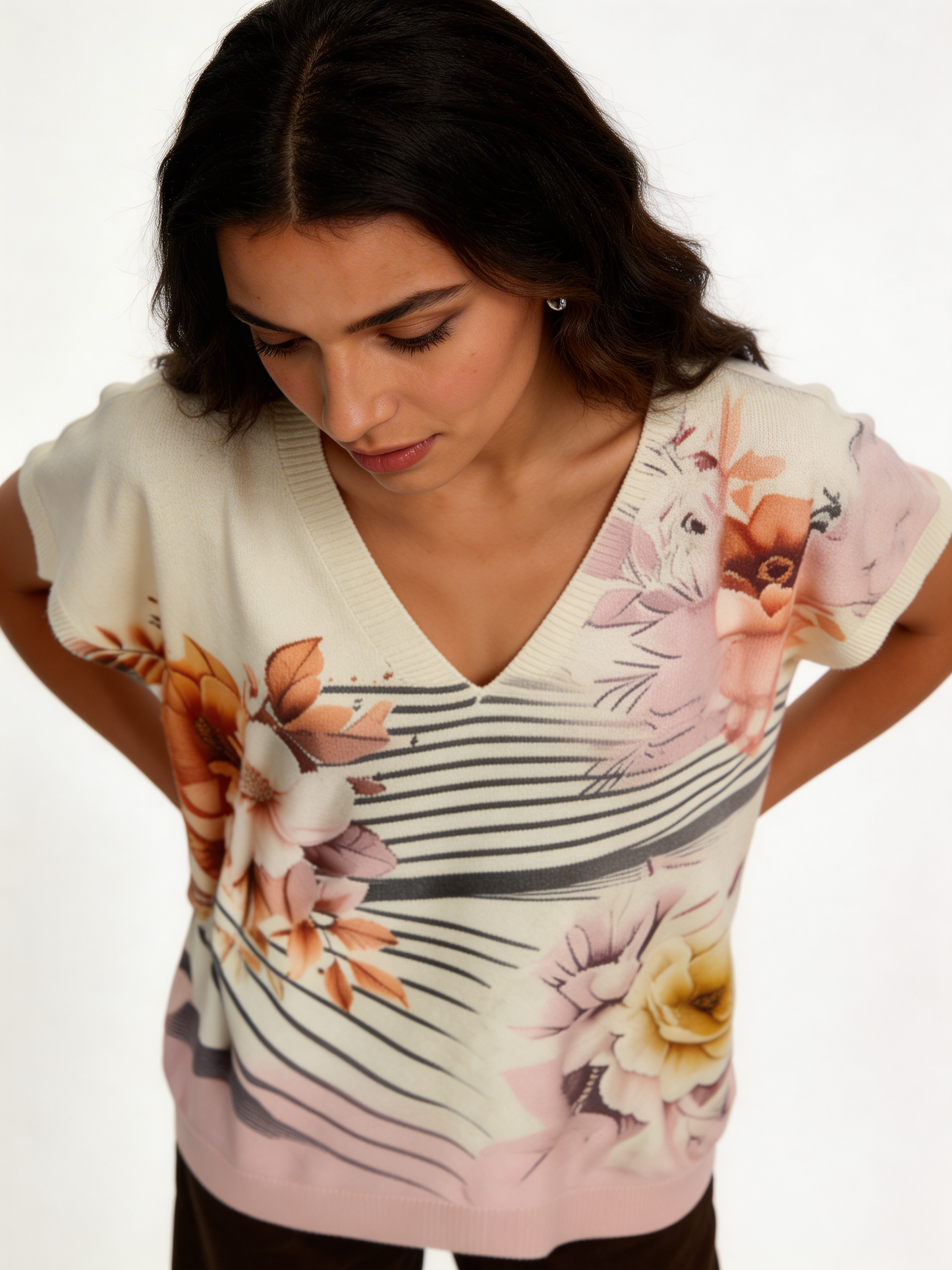 Floral Stripe Print Oversized Tank Top | Botanical V-Neck Batwing Jumper - Soft Pink