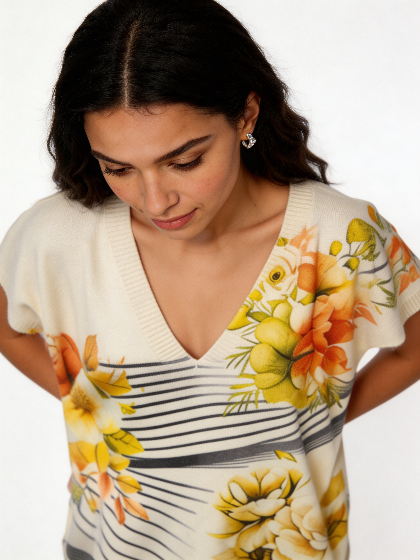Floral Stripe Print Oversized Tank Top | Botanical V-Neck Batwing Jumper - Yellow