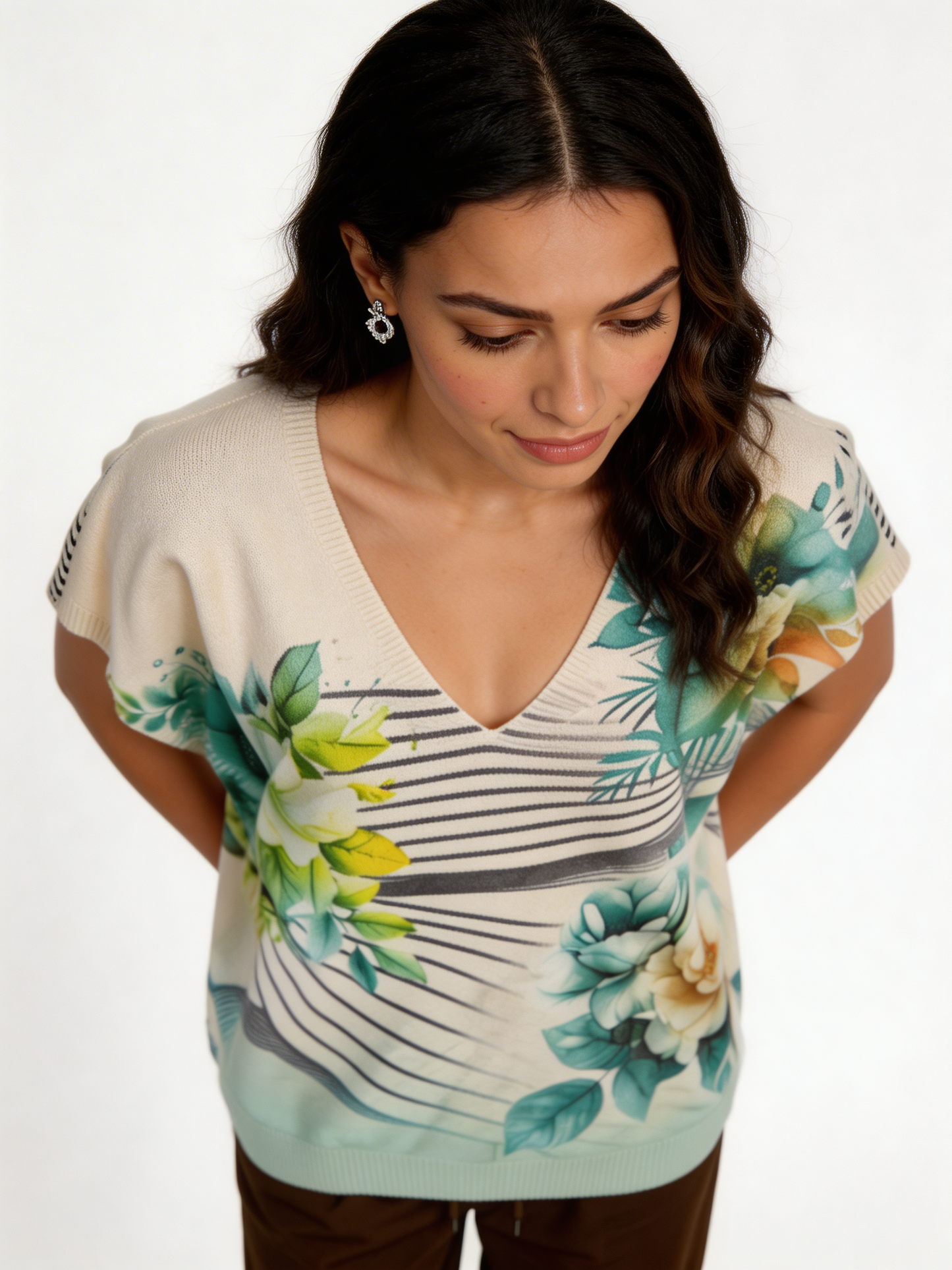 Floral Stripe Print Oversized Tank Top | Botanical V-Neck Batwing Jumper - Mint