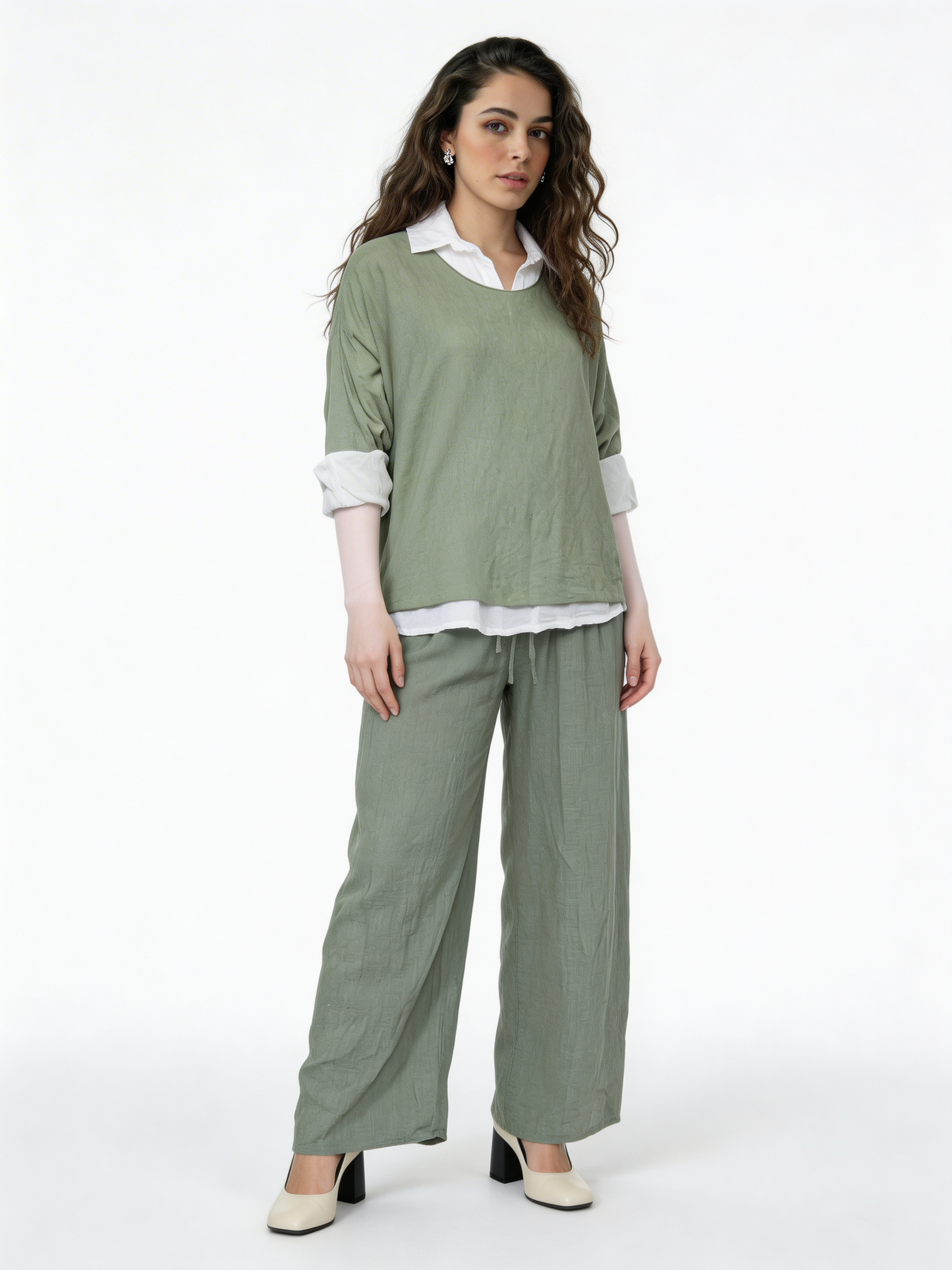 2-in-1 Layered Shirt Top |  Oversized Top with White Shirt Underlay - Sage