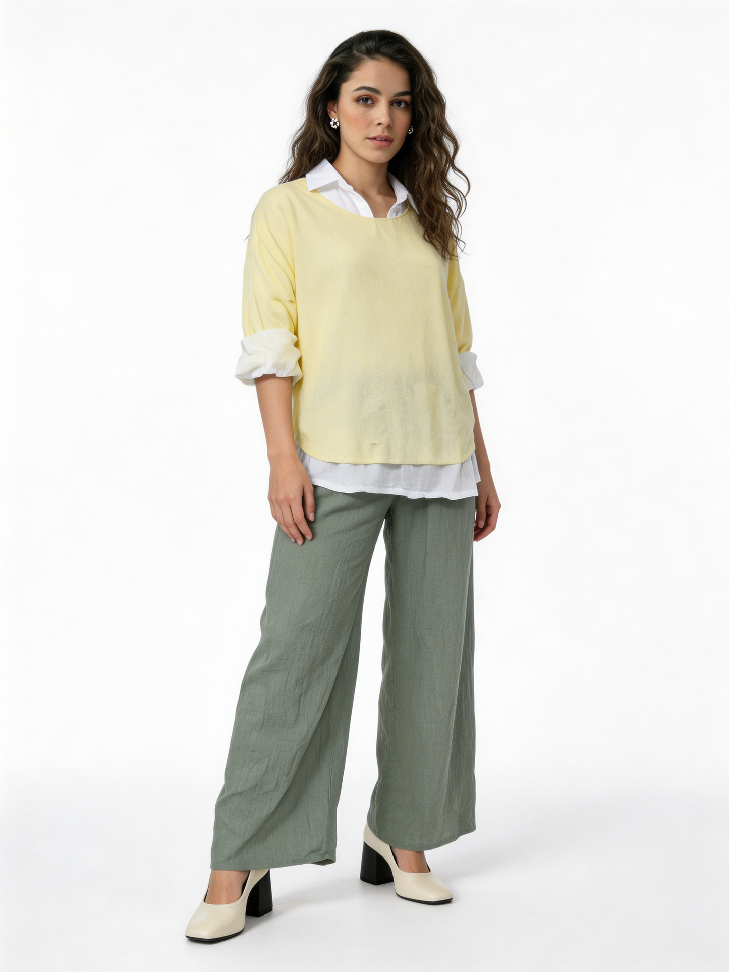 2-in-1 Gelaagde Shirt Top | Oversized Top met Witte Shirt Onderlaag - Citroen