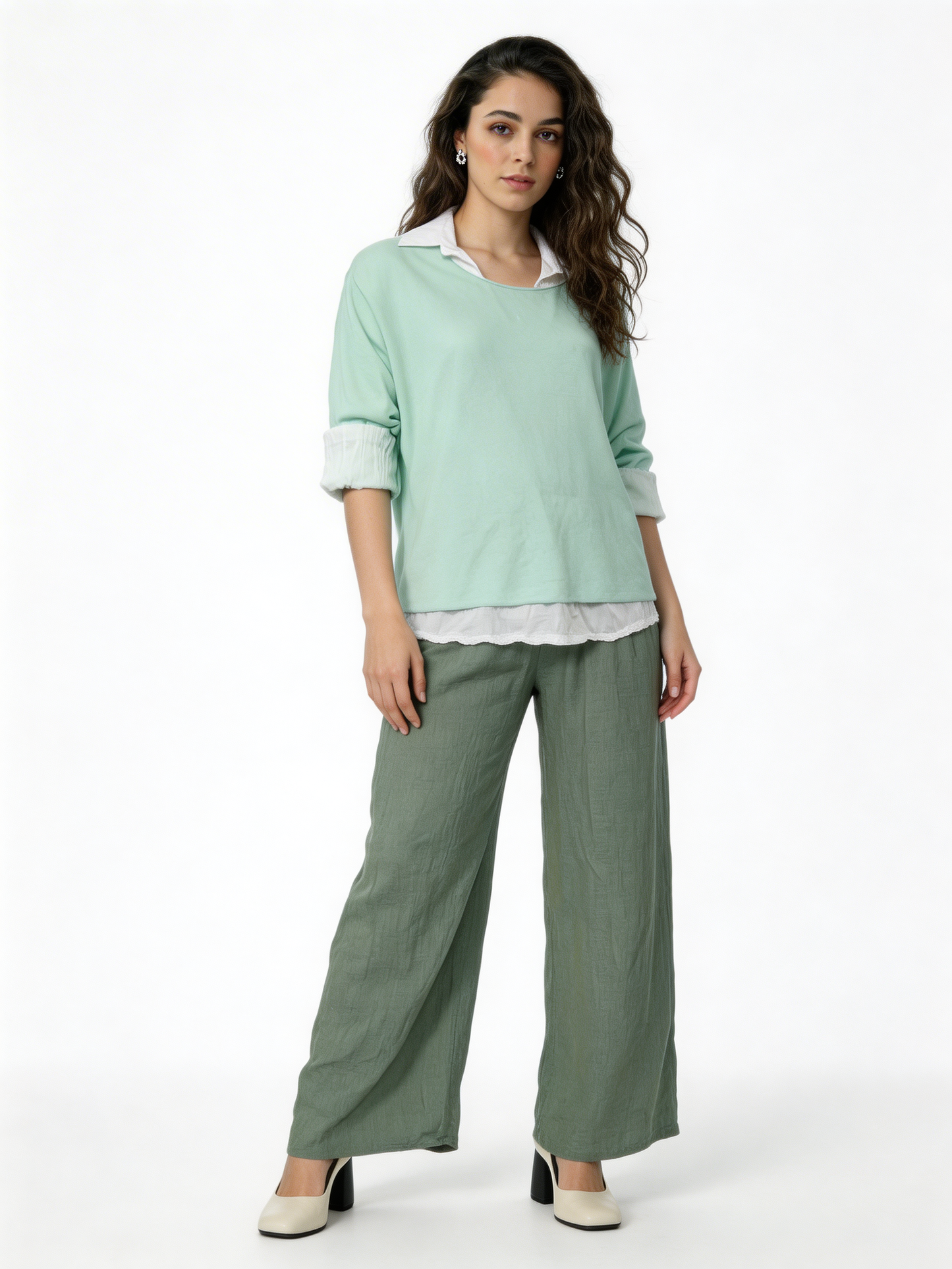 2-in-1 Layered Shirt Top |  Oversized Top with White Shirt Underlay - Mint
