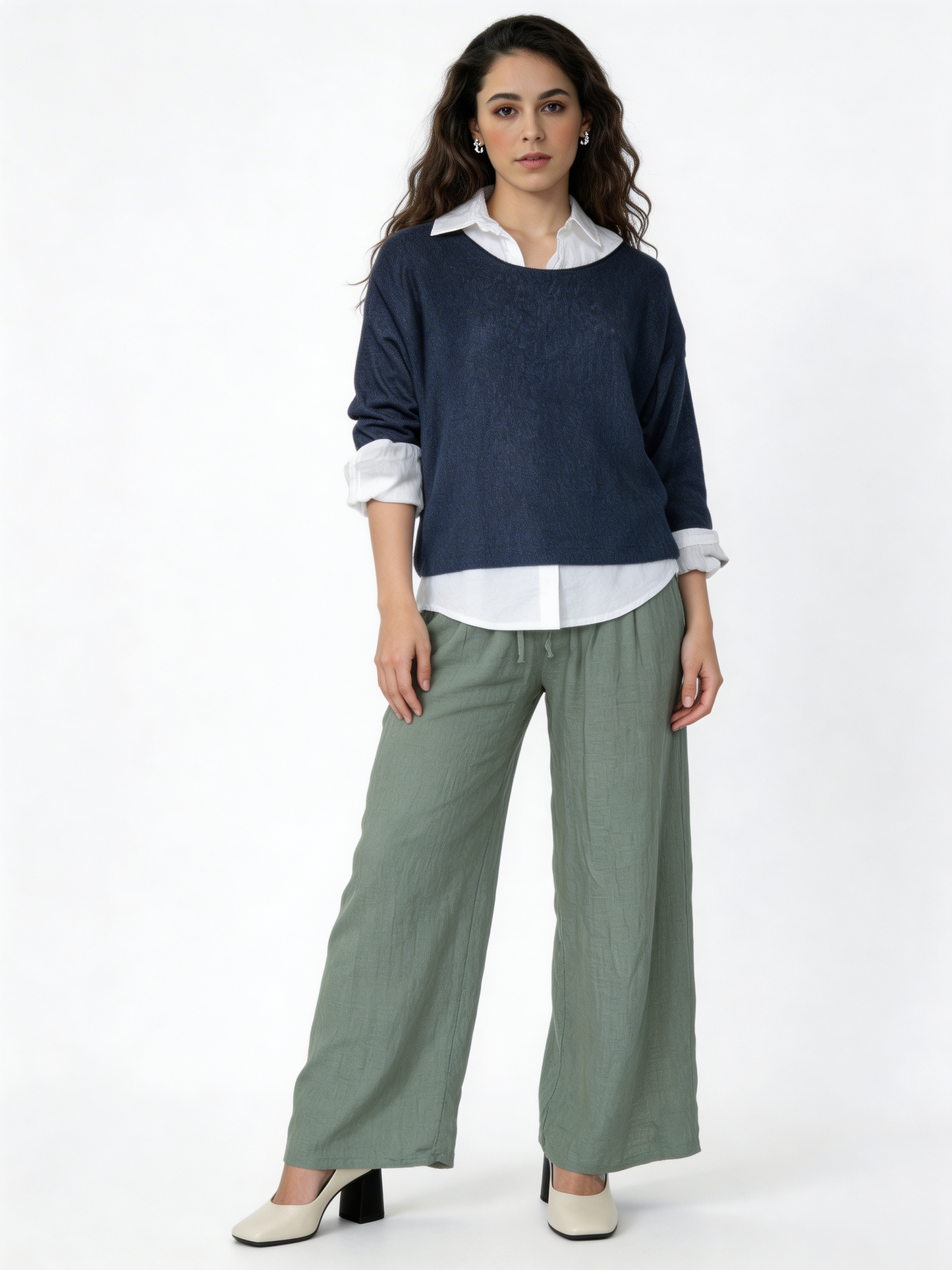 2-in-1 Layered Shirt Top |  Oversized Top with White Shirt Underlay - Navy