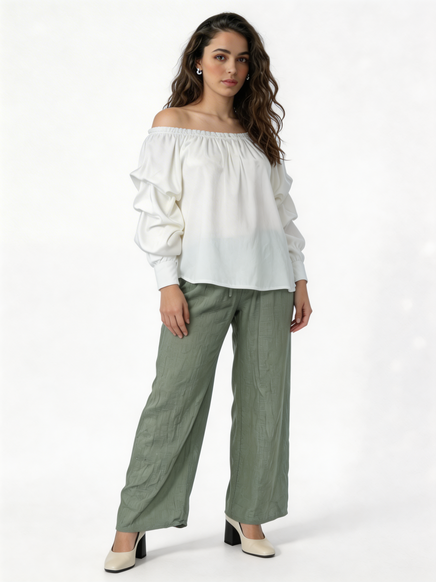 Puff Sleeve Bardot Blouse Gathered Neckline Top - White