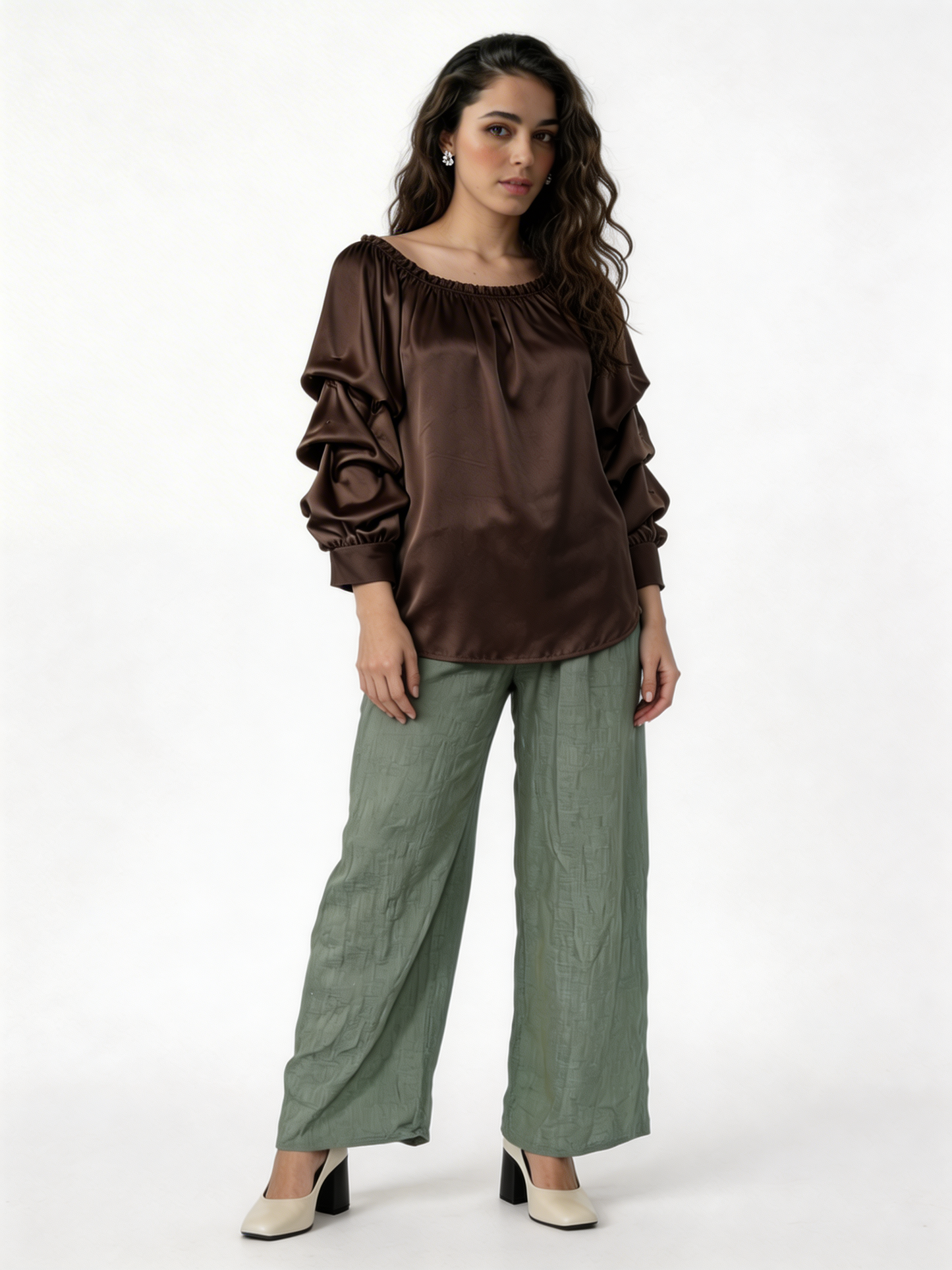 Puff Sleeve Bardot Blouse Gathered Neckline Top - Brown