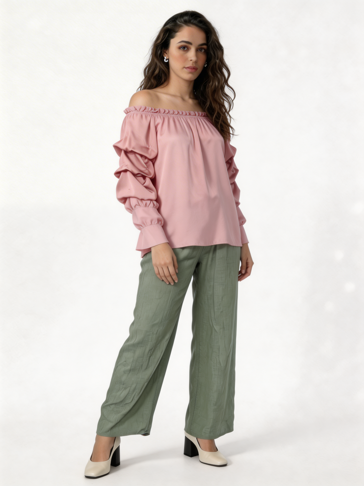 Puff Sleeve Bardot Blouse Gathered Neckline Top - Soft Pink