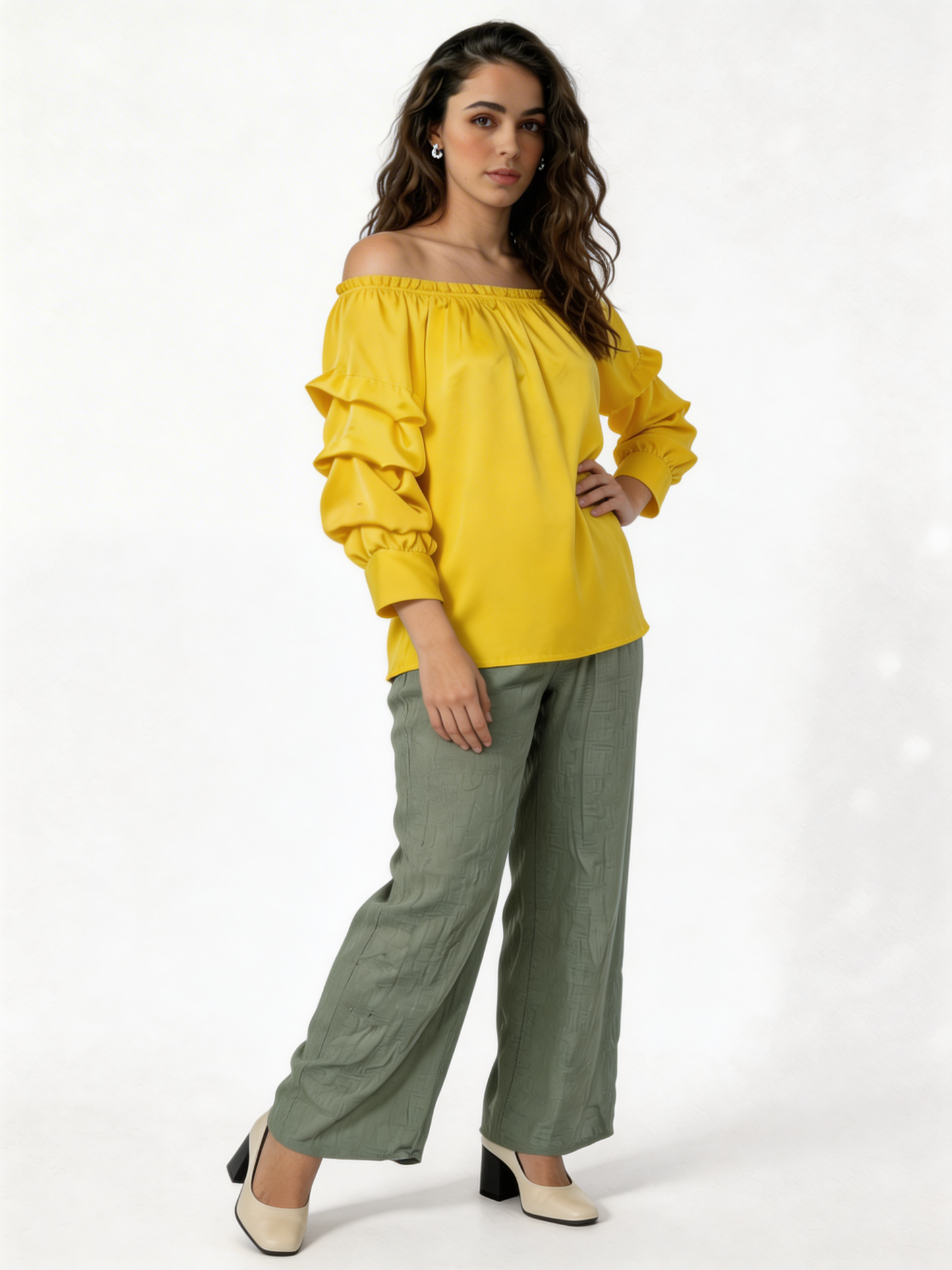 Puff Sleeve Bardot Blouse Gathered Neckline Top - Lemon
