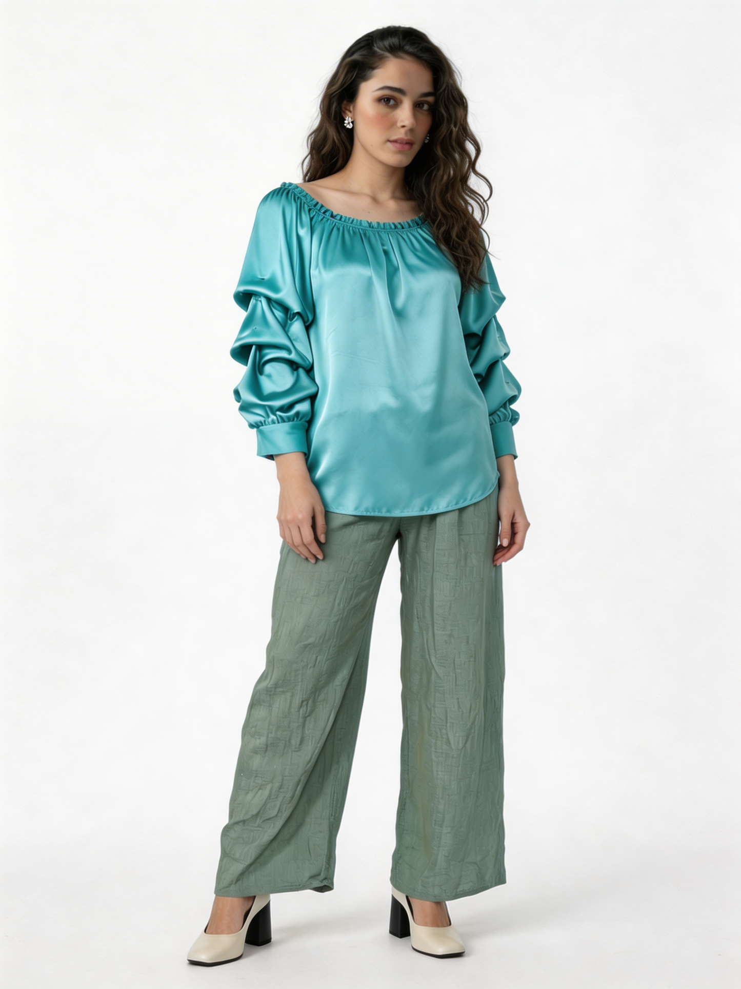 Puff Sleeve Bardot Blouse Gathered Neckline Top - Mint