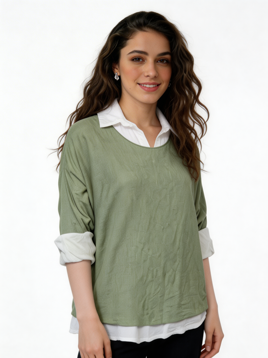 2-in-1 Layered Shirt Top |  Oversized Top with White Shirt Underlay - Sage